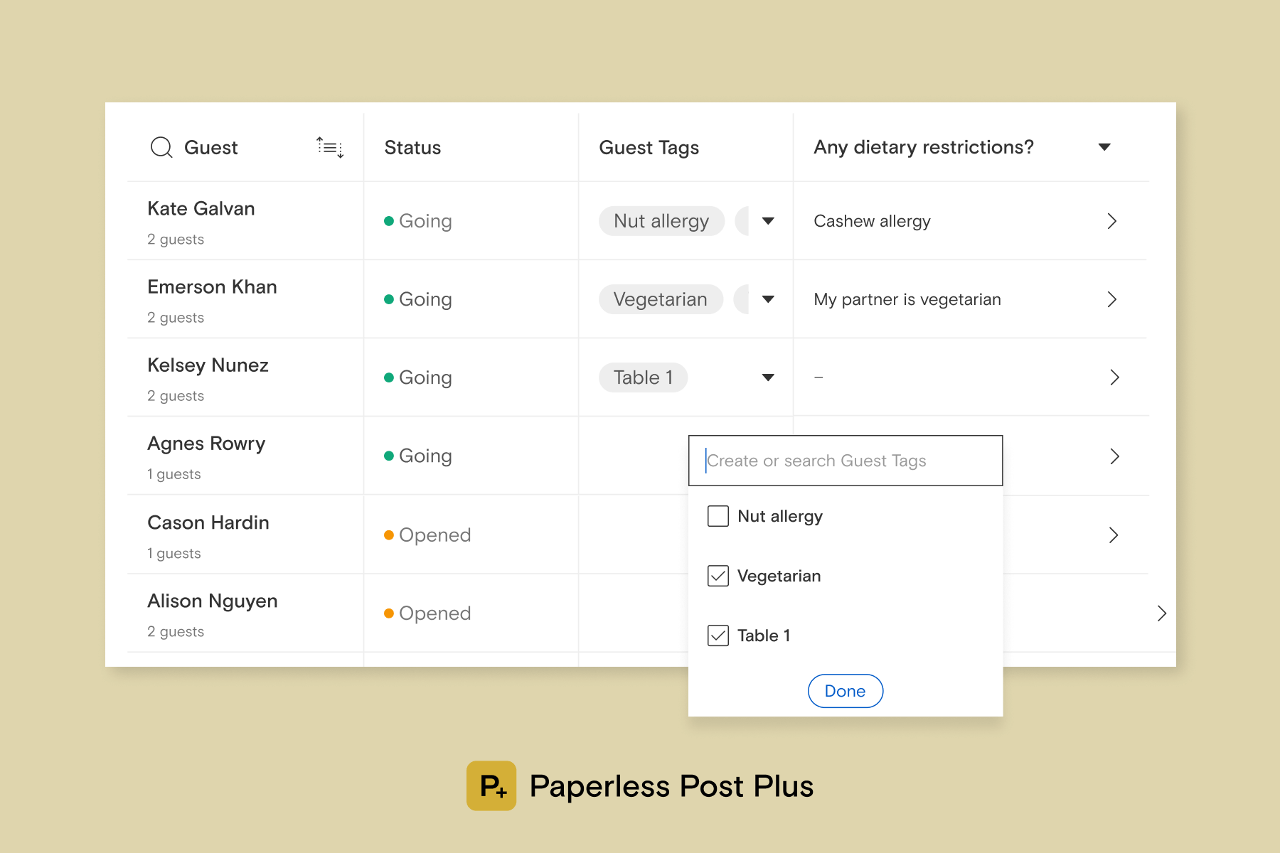 A Paperless Post guest list with categories for RSVP statuses, Guest Tags, and dietary restrictions.