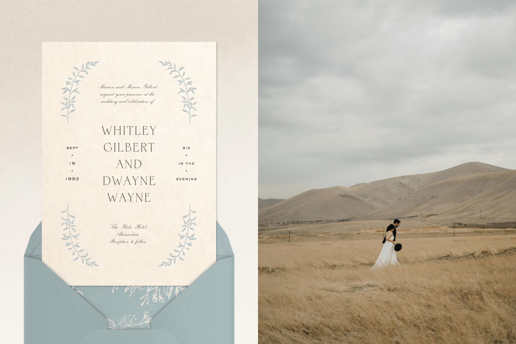 An off-white wedding invitation with pale blue leaves framing the text; A bride and groom walking in a large field with mountains behind them. 