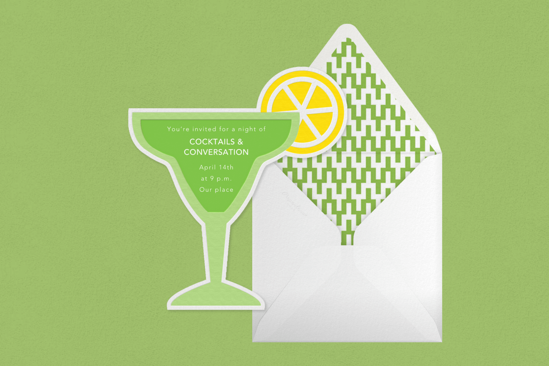 An invitation shaped like a lime green cocktail with a lemon on the rim over a green background. 