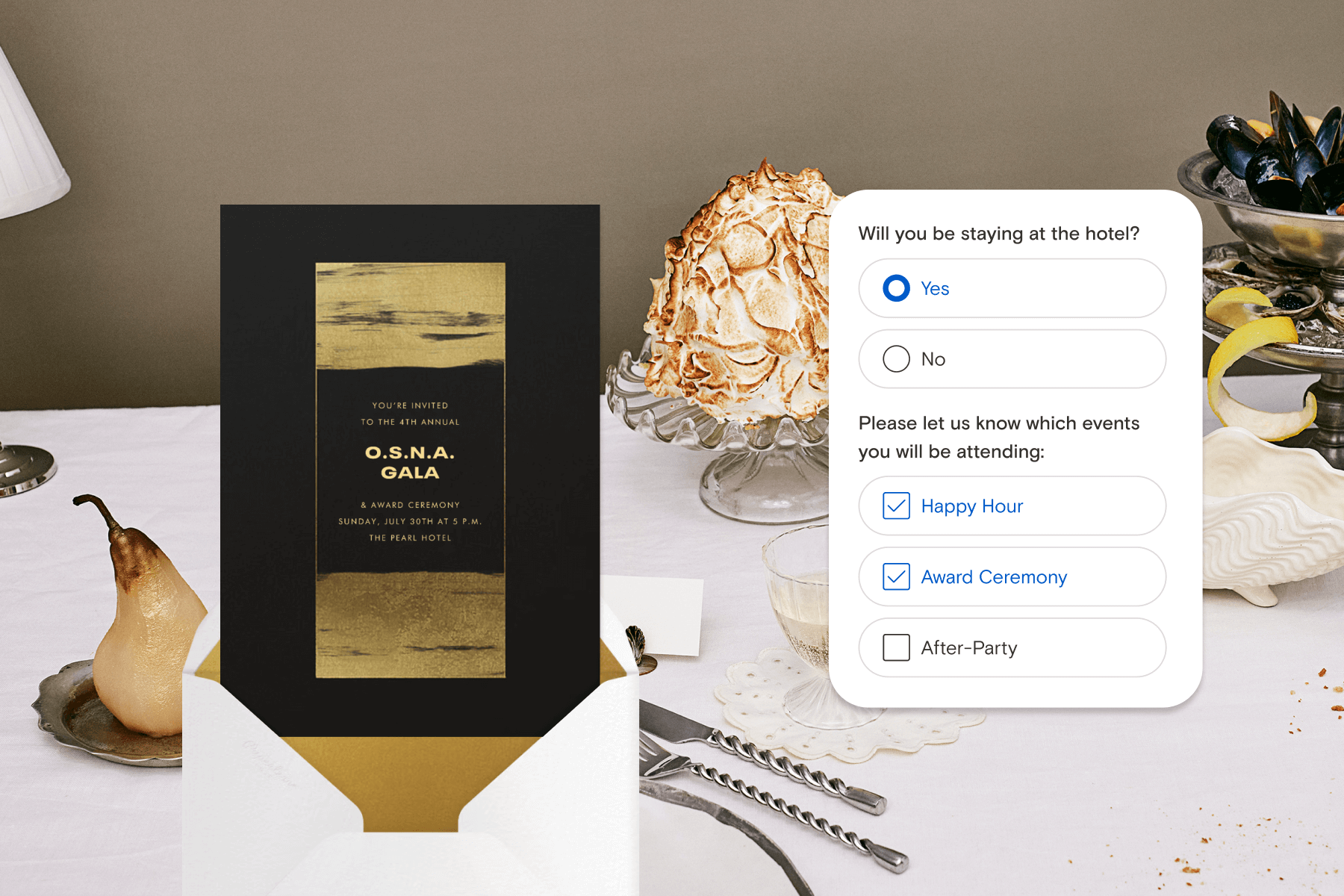 A black and gold gala invitation and an example of a Guest Survey in front of a table with a baked alaska and a bowl of clams. 