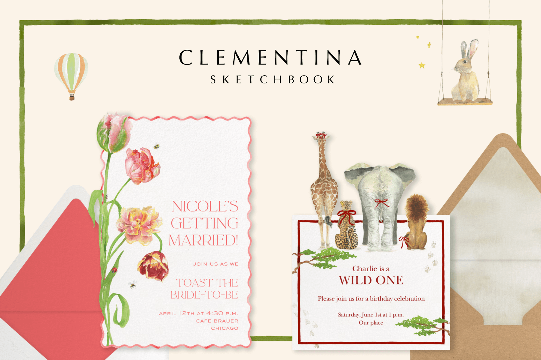 The logo for “Clementina Sketchbook” above two invitations over a background with illustrations of a bunny on a swing and a hot air balloon: A wedding invitation with a red scalloped border and large red flowers; A kids’ birthday invitation with illustrations of a giraffe, leopard, elephant, and lion with red ribbons. 