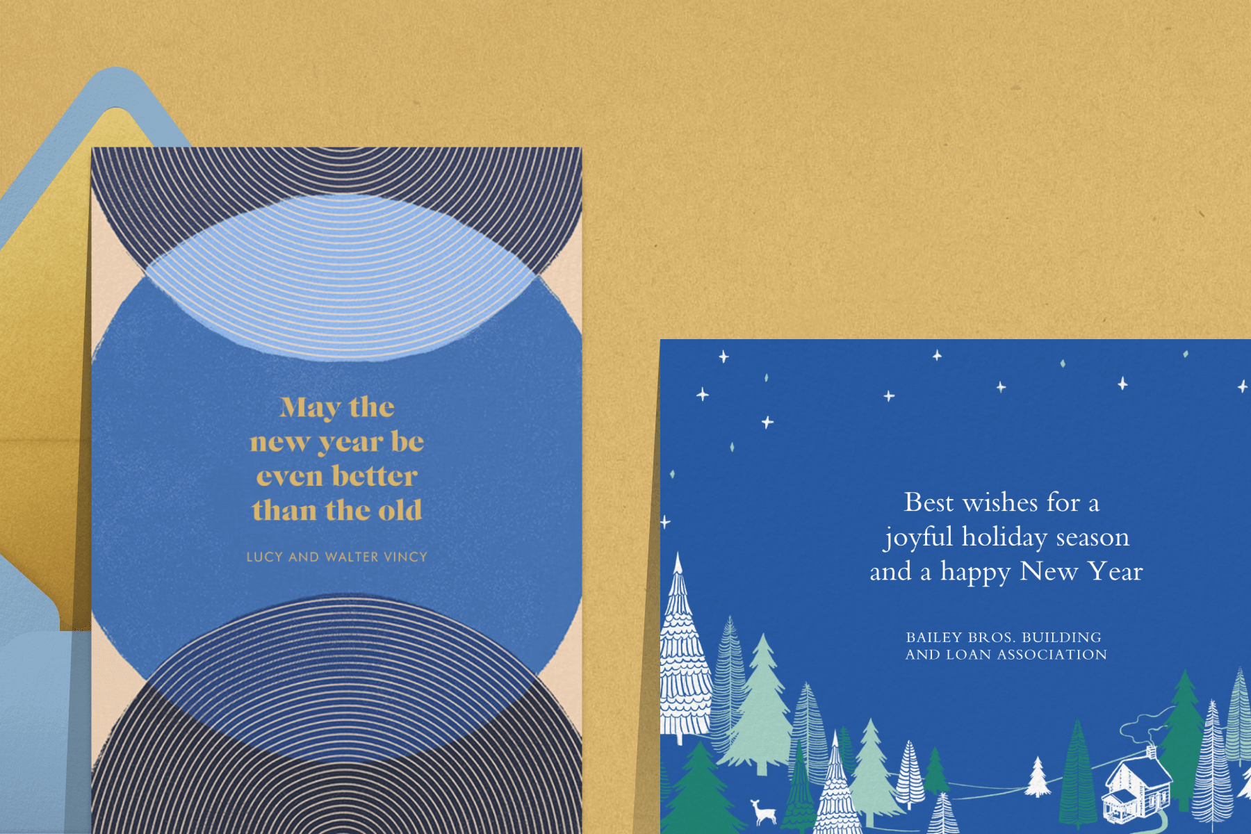 A New Year card with overlapping blue and black-and-white striped circle designs and gold text; A blue New Year card with illustrations of trees, a house, and stars in the sky. 