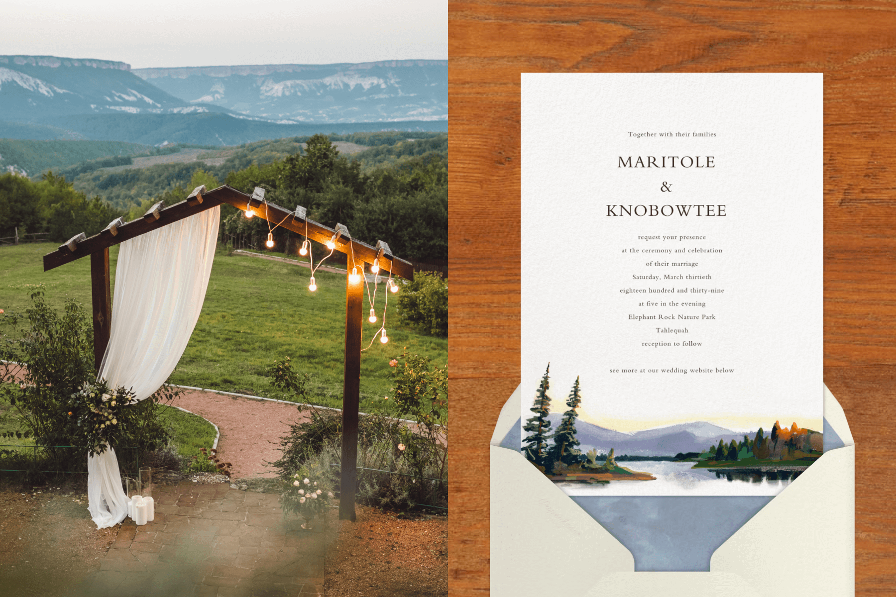 A wood wedding arch with twinkle lights and mountains in the background; A white wedding invitation with scenery of mountains, trees, and water.