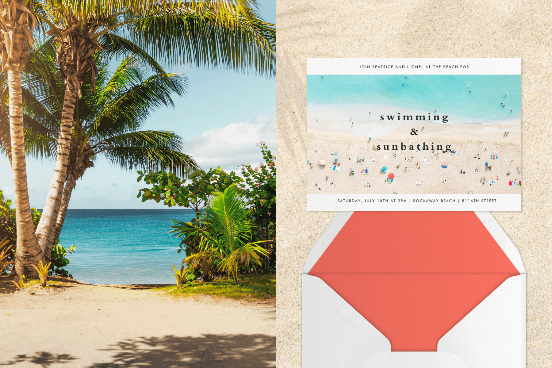 A beach with palm trees; A beach party invitation on a background of sand.