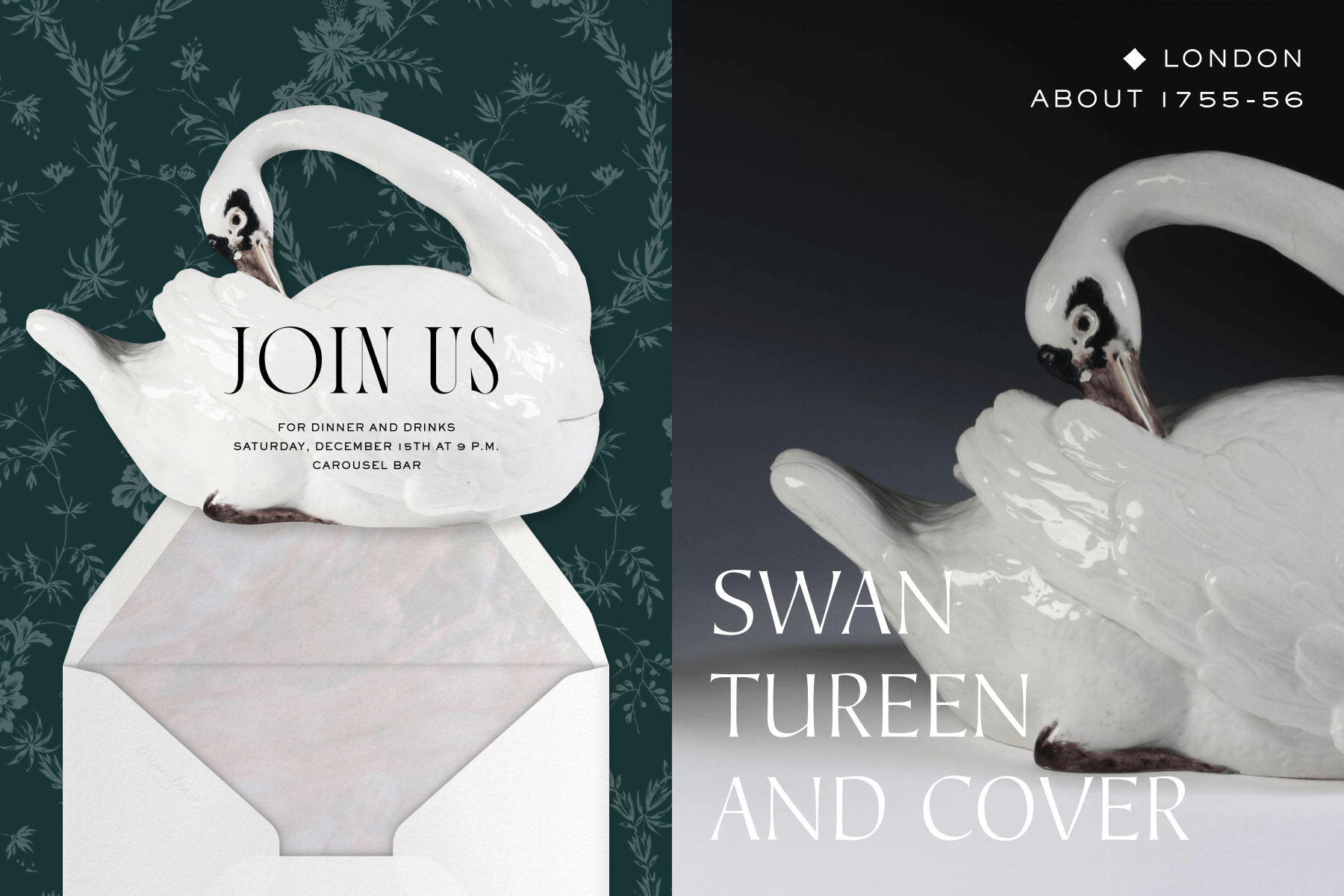 A swan-shaped invitation on a green floral backdrop; the swan-shaped tureen that inspired the invitation. 