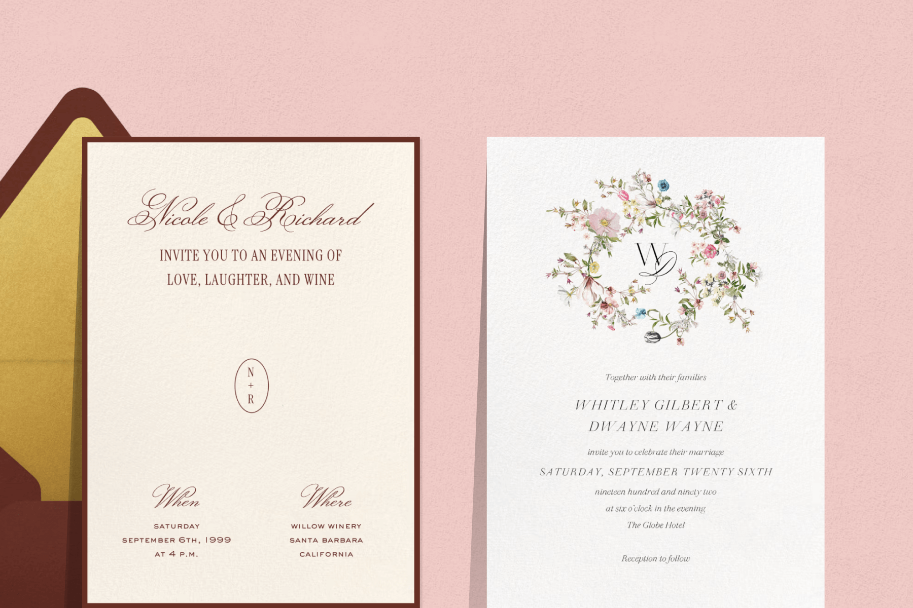 An off-white wedding invitation with brown cursive text and a centered monogram; A white wedding invitation featuring a monogram framed with a wreath of colorful flowers.