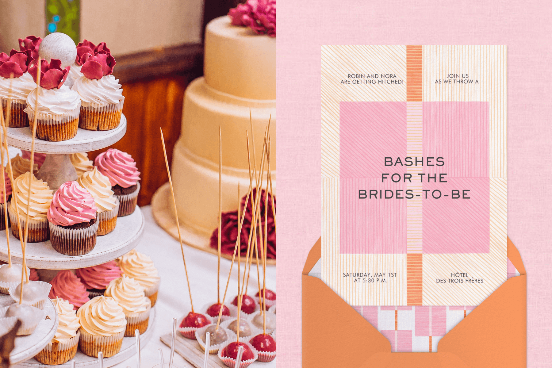 A table of cupcakes, a cake, and other desserts; A pink and orange couple’s shower invitation.