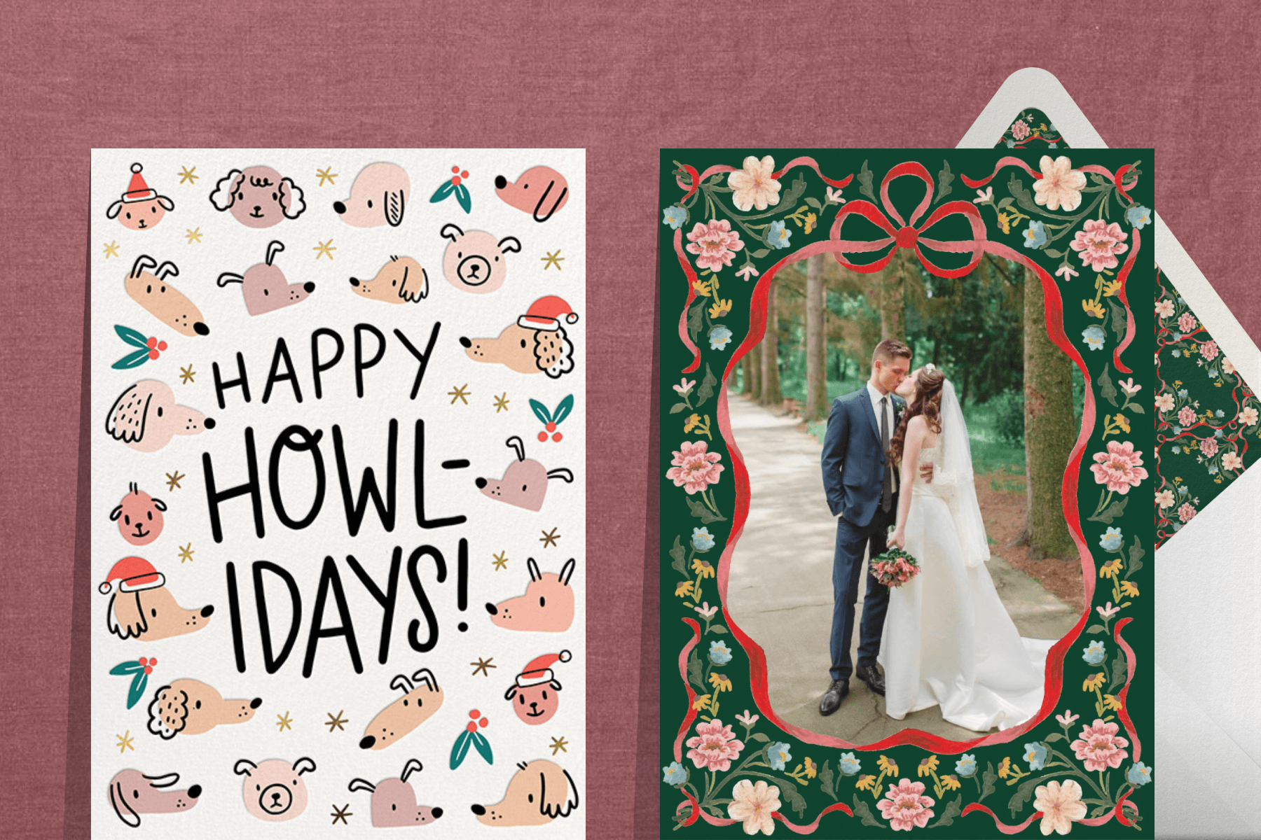 A card with illustrations of dogs’ faces and text reading ‘HAPPY HOWL-IDAYS!’; A photo card with a wedding photo in a floral frame with red ribbon.