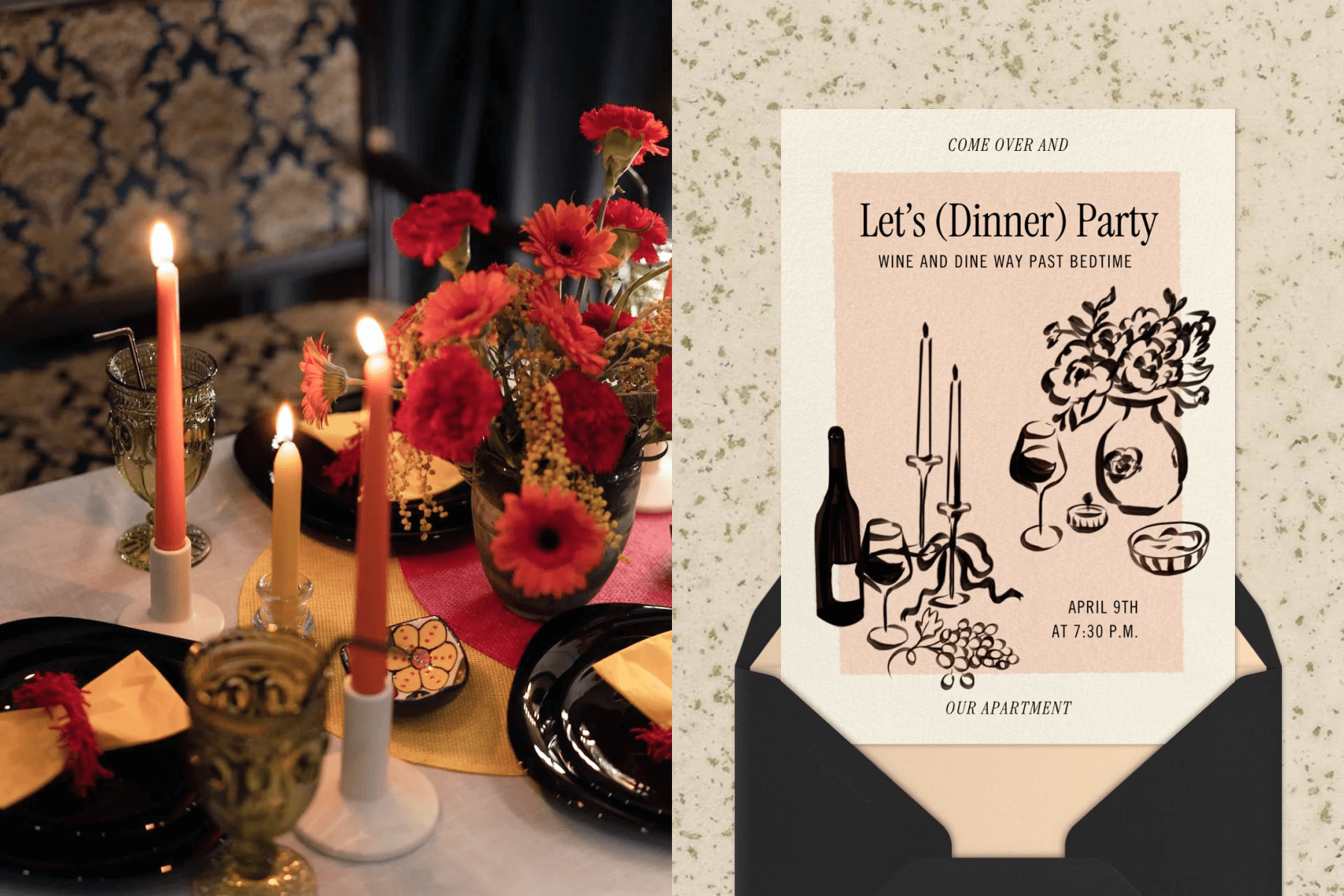 A table set with flowers, wine glasses, and candles; A dinner party invitation with illustrations of wine, candles, and flowers.