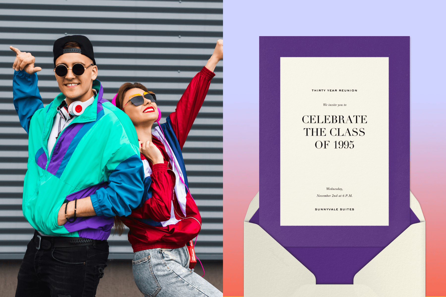 Two people posing in retro ‘90s clothing; A class reunion invitation for the class of 1995.
