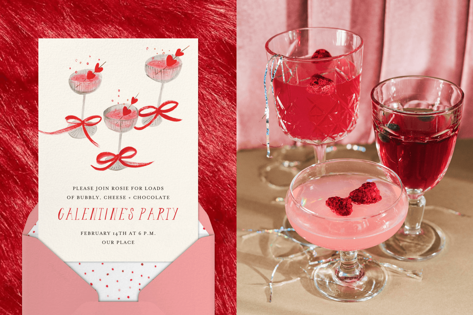 A Galentine’s Day party invitation with three pink drinks with red ribbons; Three pink and red cocktails set on a table.