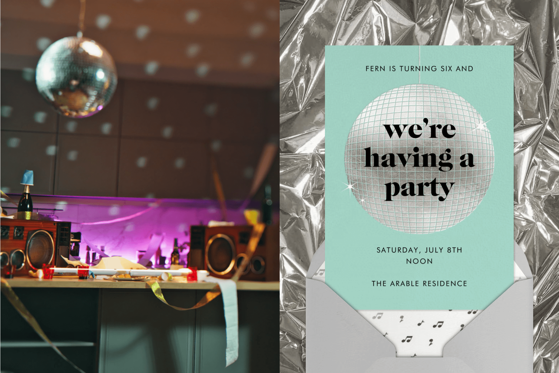 A kitchen decorated with boom boxes, streamers, and a disco ball; A teal party invitation with a large silver disco ball and text reading ‘We’re having a party’.