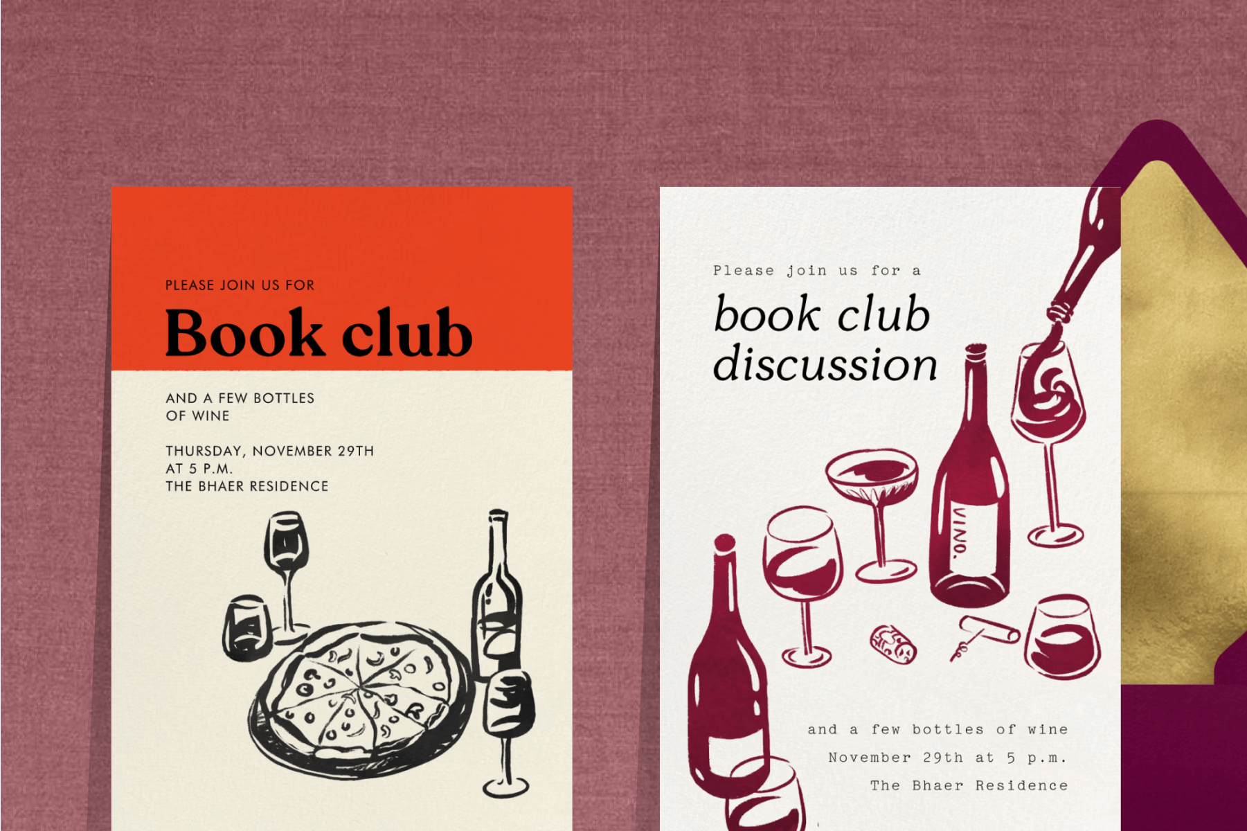 A red and white book club invitation with illustrations of pizza and wine; A white book club invitation with dark red illustrations of wine.  