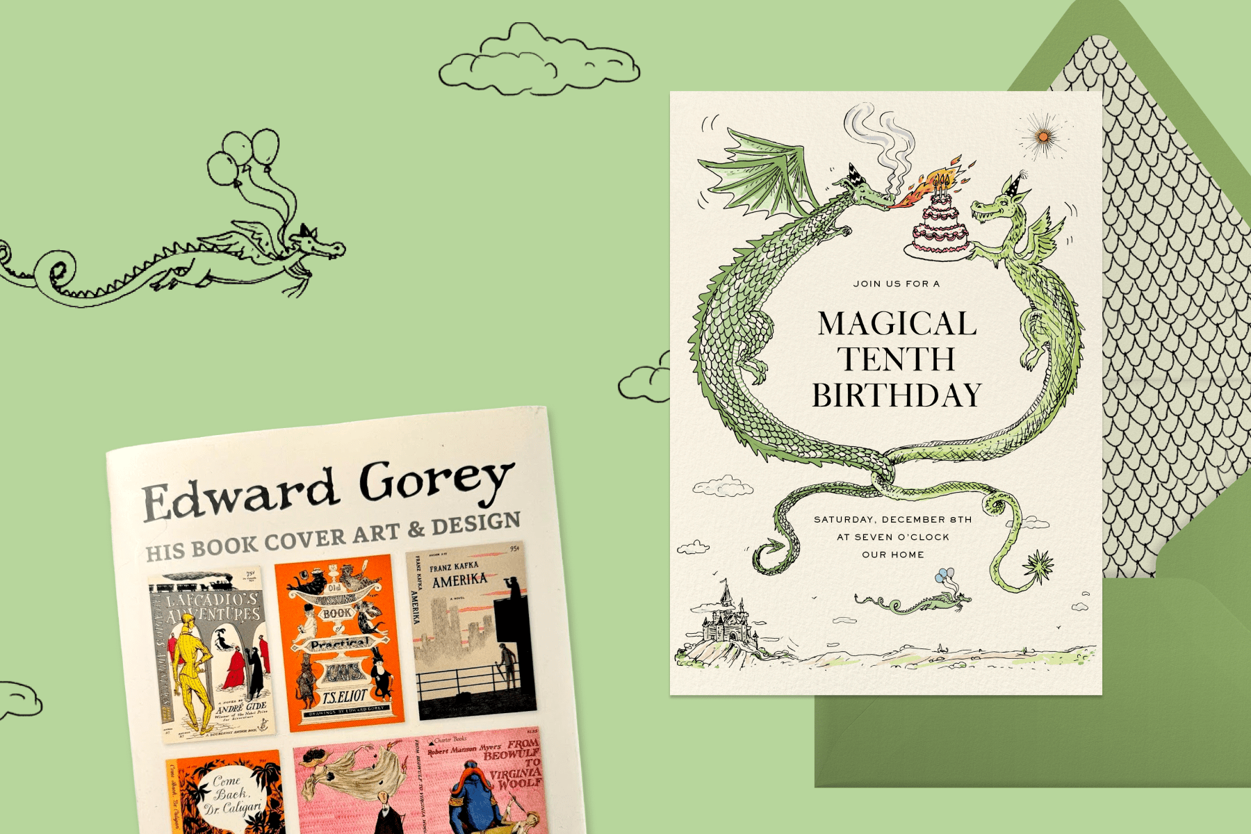 A whimsical birthday invitation set against a green background featuring a dragon breathing fire onto a birthday cake. To the left, an Edward Gorey book cover, highlighting his unique designs.