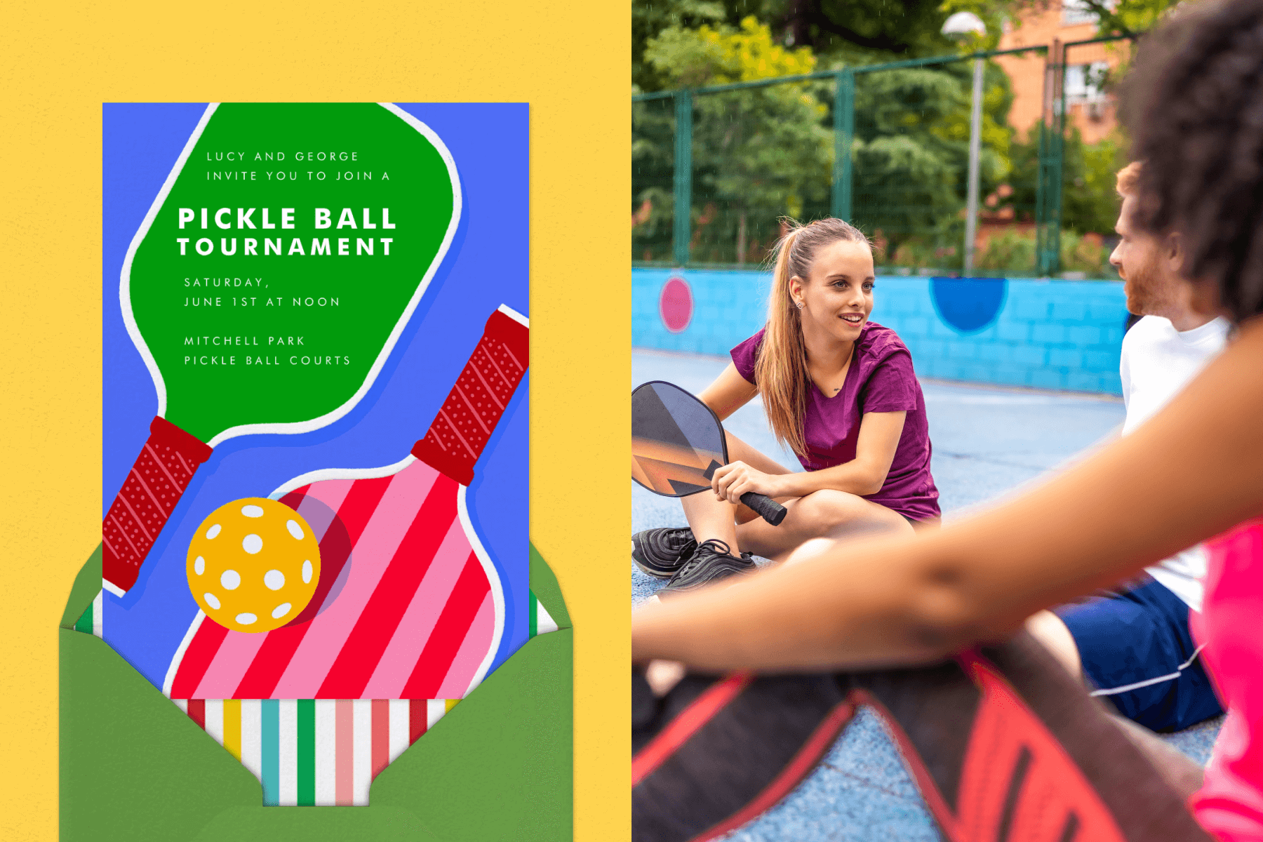 A colorful pickleball-themed invitation with paddles and a ball; Friends sit on a pickleball court holding paddles and chatting. 