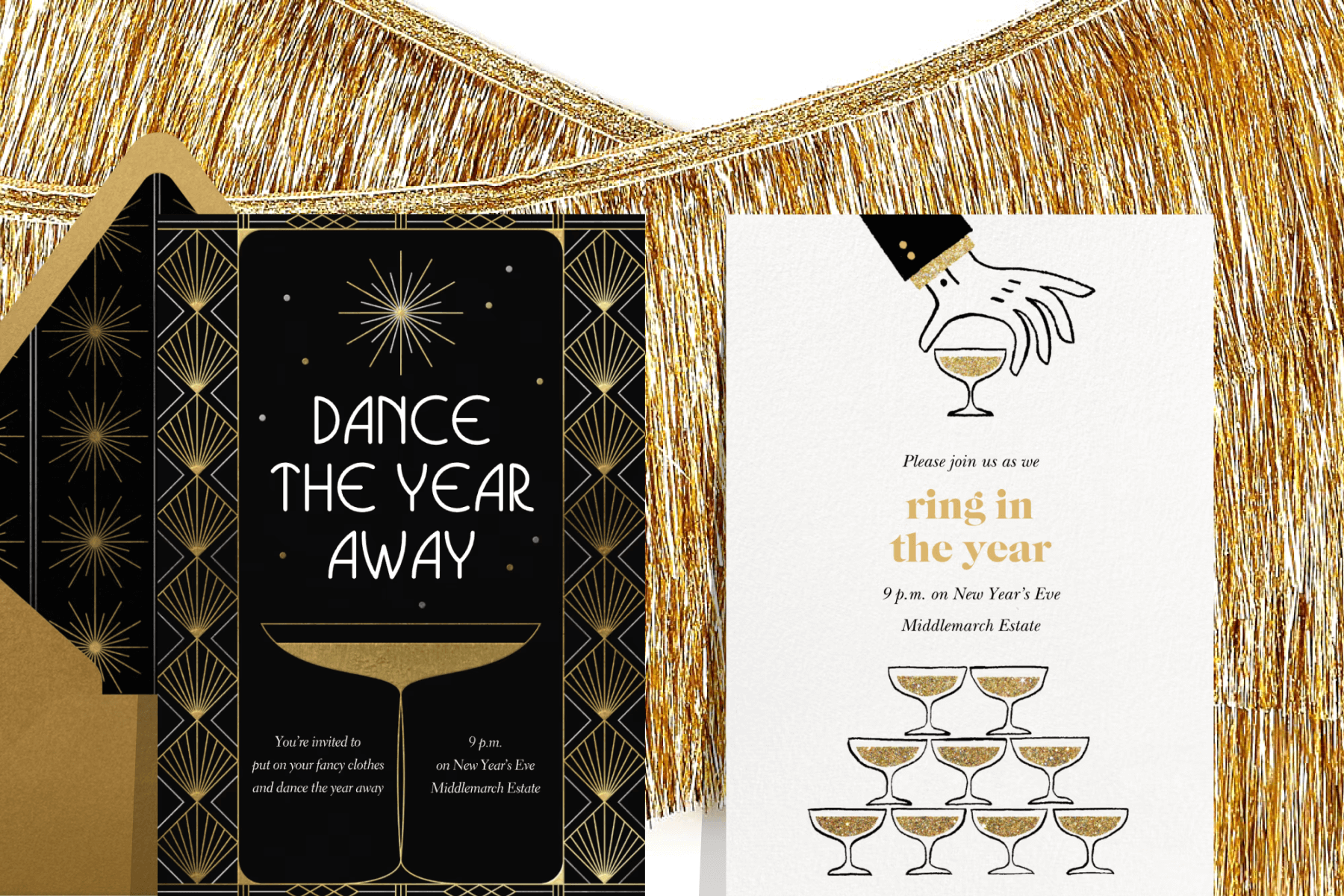 Two invitations in front of a backdrop with gold tinsel streamers: A black New Year’s Eve invitation with white text and a gold illustration of a drink; A white New Year’s Eve invitation with gold text and an illustration of a tower of gold drinks and a hand placing one on top. 