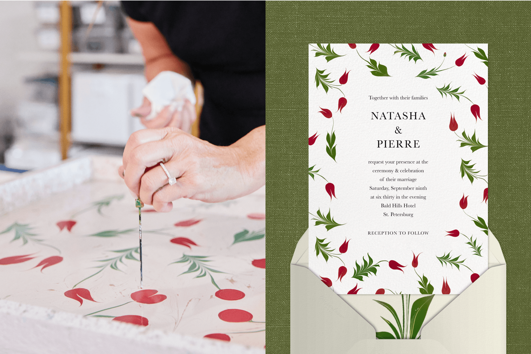 Hands painting and marbleizing red tulips in a pan of thickened water; A wedding invitation featuring red marbleized tulips.