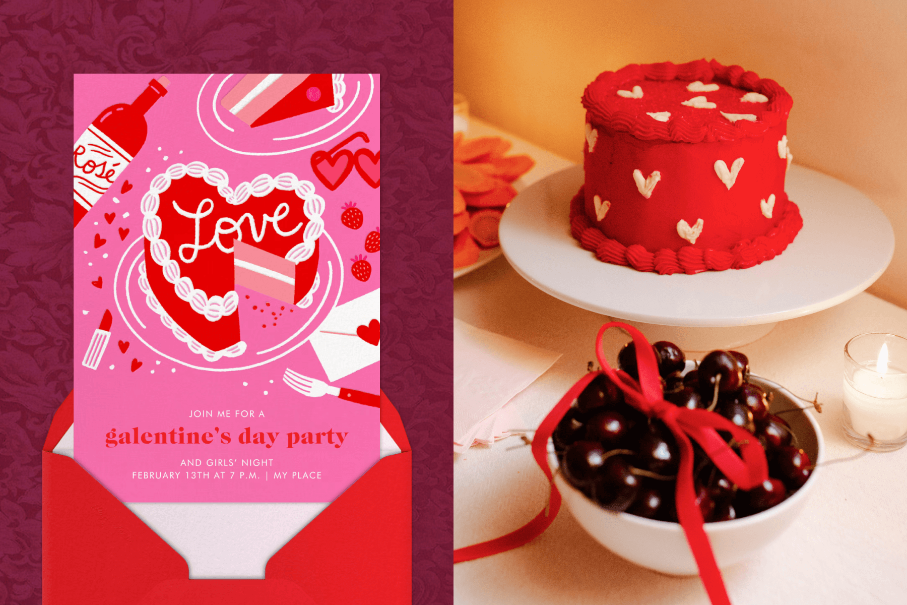 A pink Galentine’s Day party invitation with a red heart-shaped cake; A red cake with white hearts and a bowl of cherries with a red ribbon.