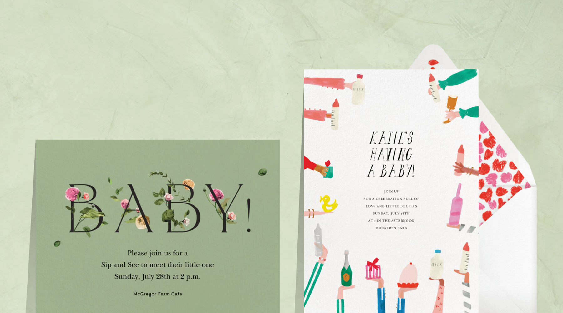 A green sip and see invitation featuring large text reading ‘BABY!” with the letters decorated with roses; An invitation with illustrations of hands holding out baby bottles, toys, presents, and Champagne. 