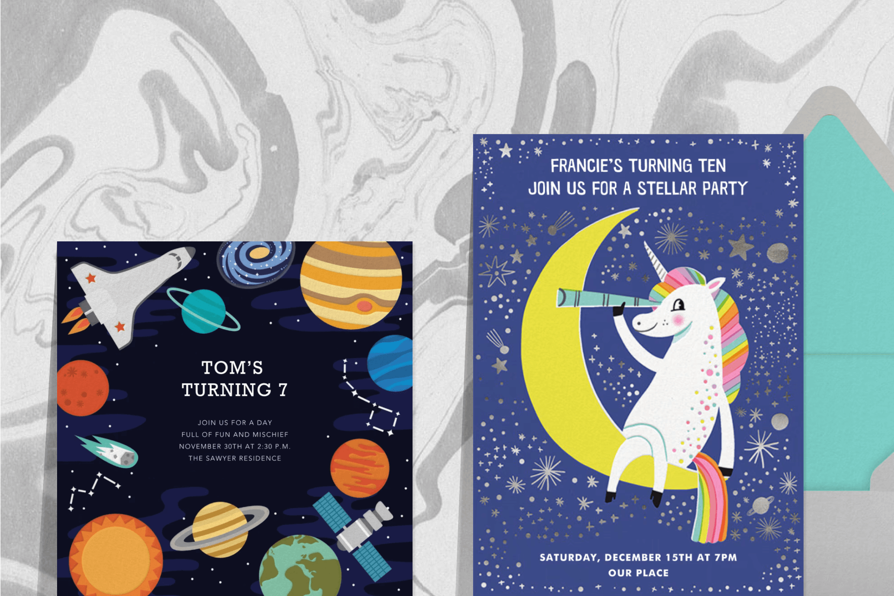 A black birthday invitation with white text, stars, colorful planets, and a rocket ship; A blue birthday invitation with a unicorn with rainbow hair sitting on a yellow crescent moon surrounded by stars. 