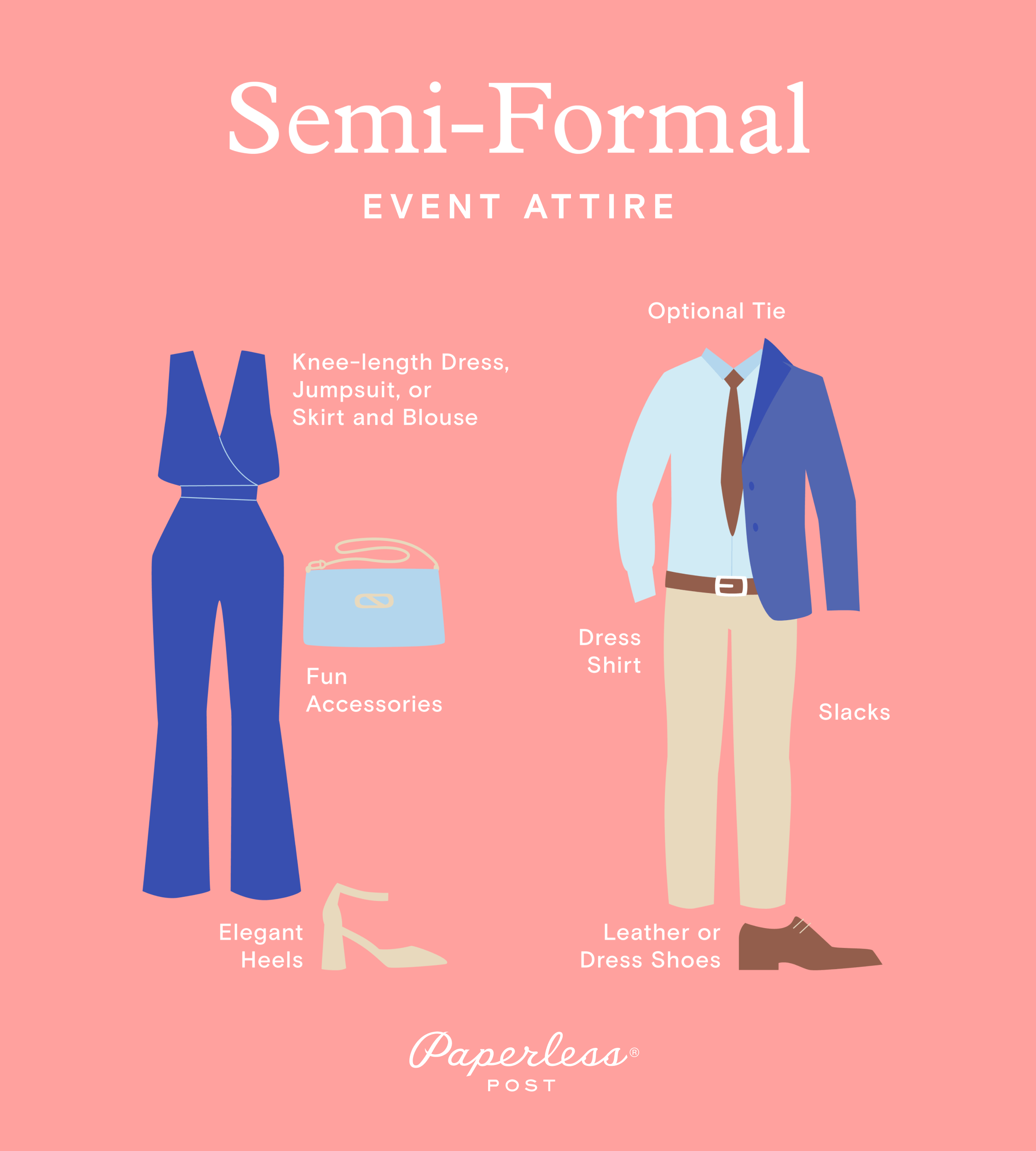 An illustration of semi-formal attire for women and for men featuring items from the list like a fancy jumpsuit, men’s slacks, and dress shoes.