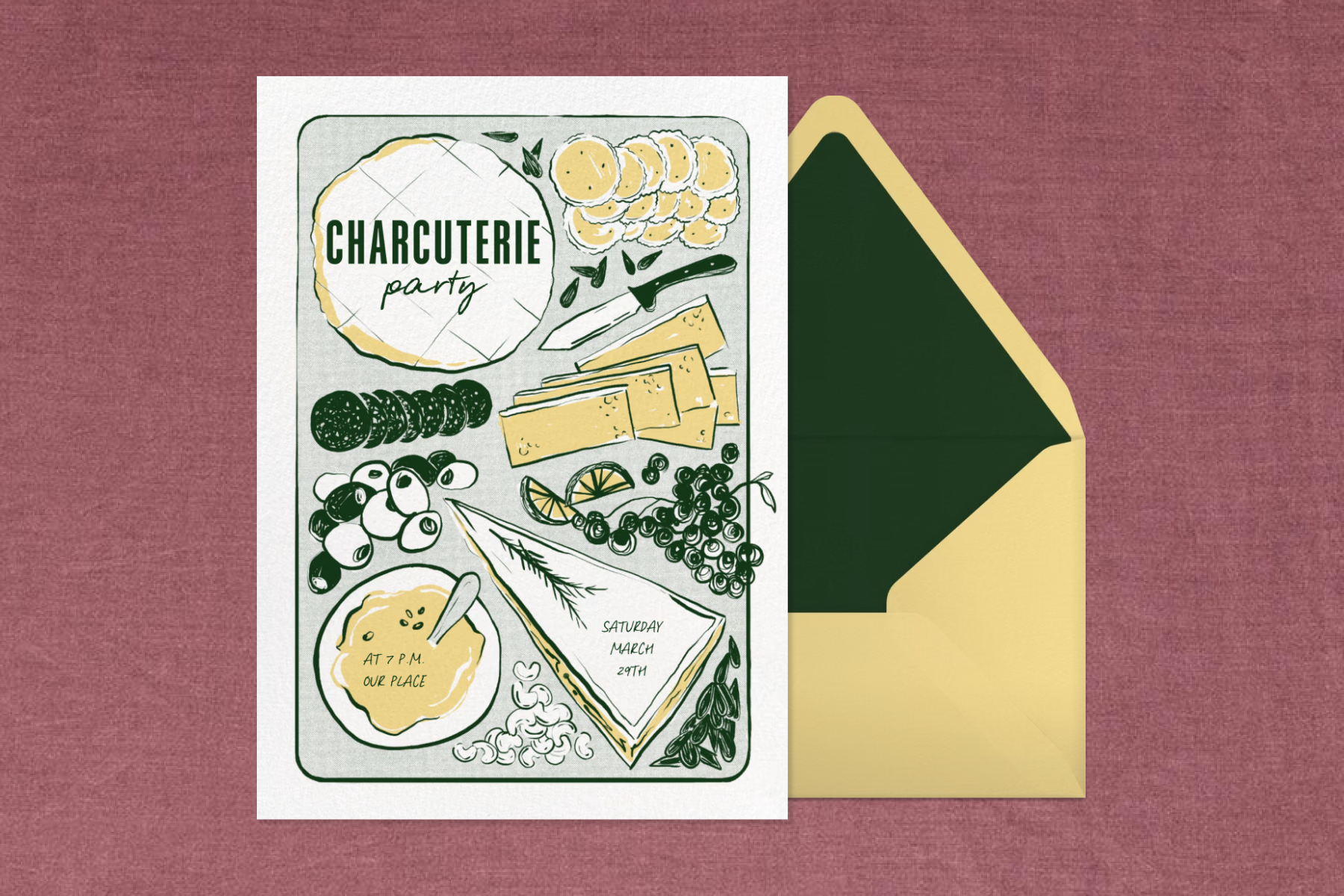 A charcuterie party invitation with illustrations of different cheeses.