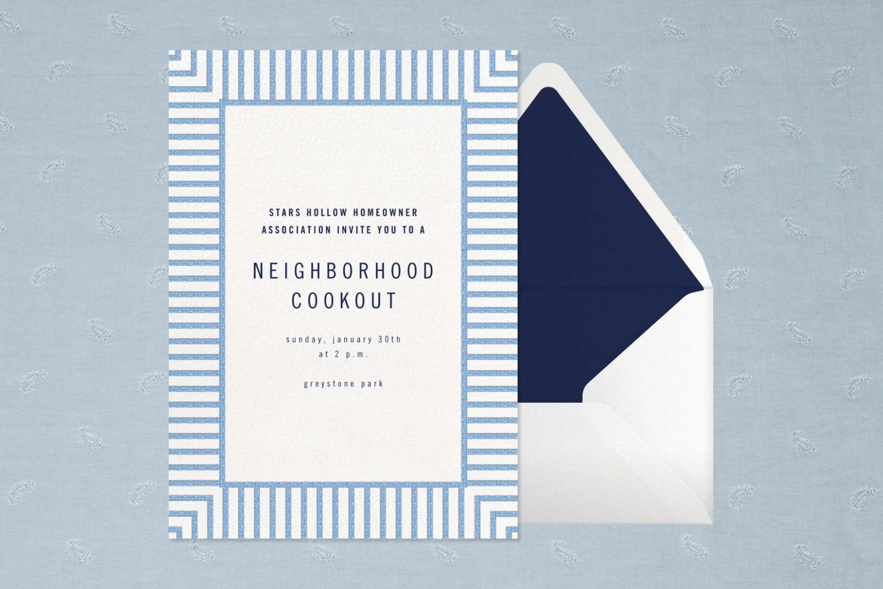 A cookout invitation with a blue striped border.