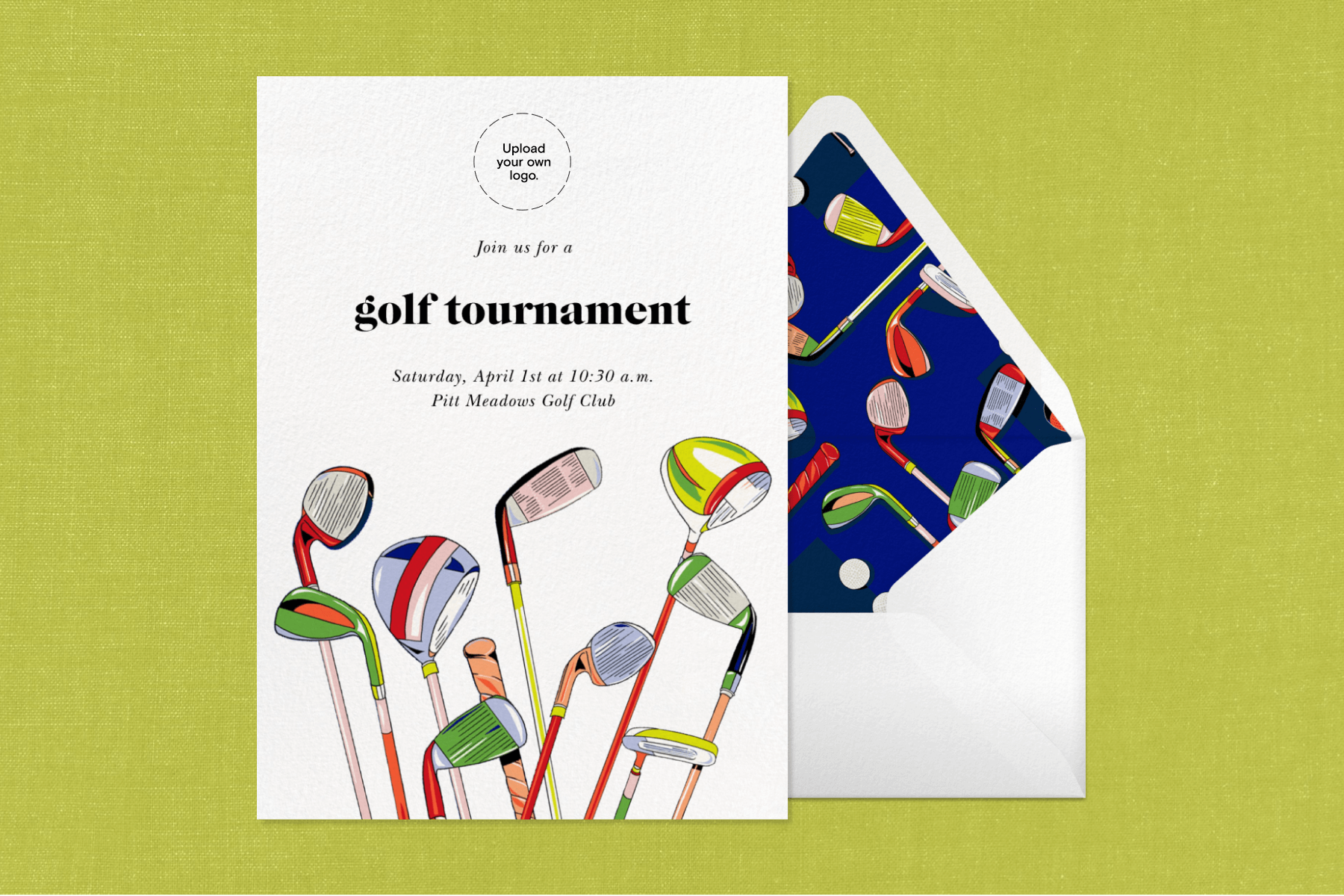 An invitation for a golf tournament with several colorful clubs shown head-side up alongside a matching envelope.