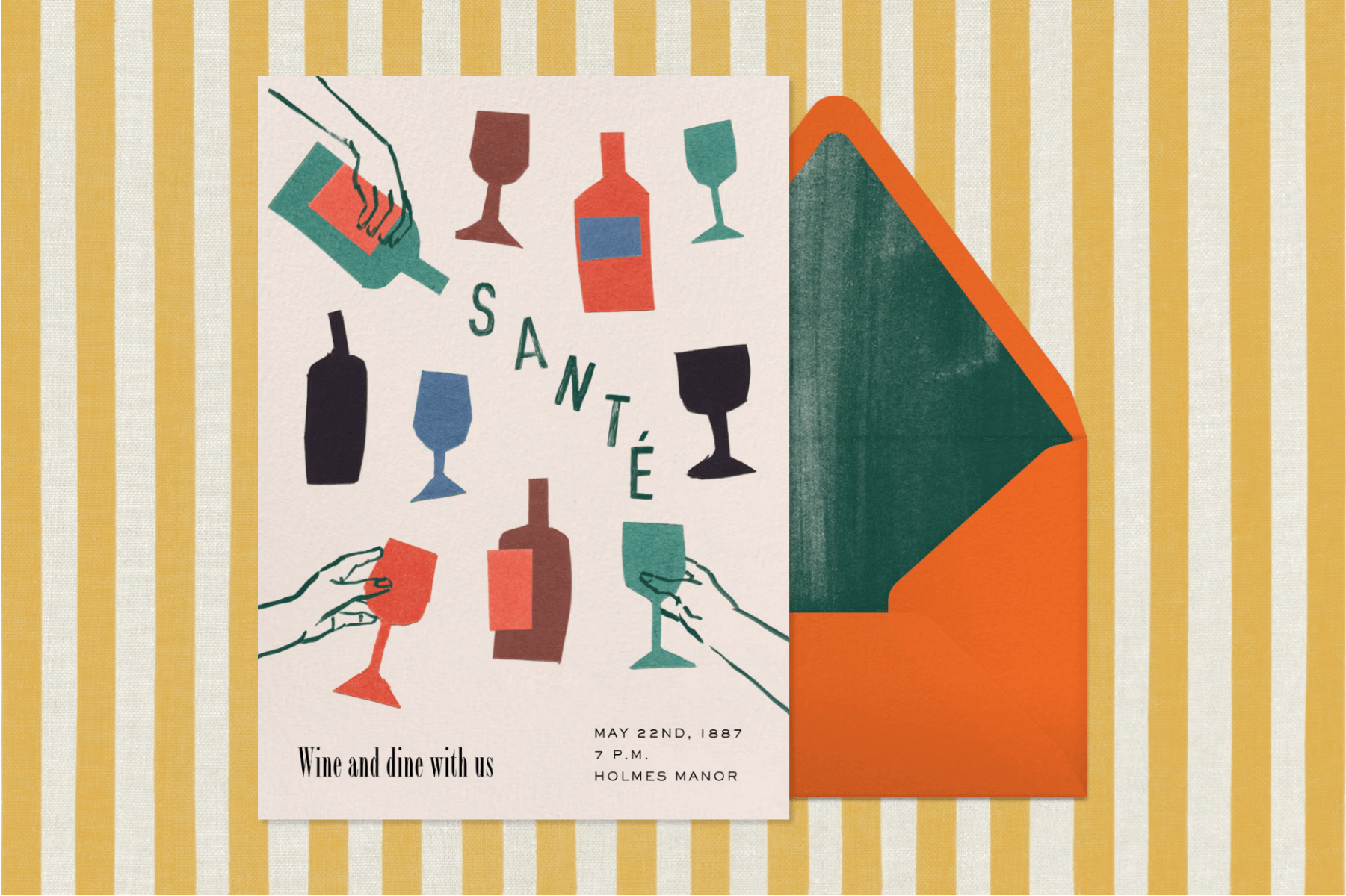 An off-white invitation with colorful illustrations of wine glasses and wine bottles along with text reading ‘SANTÉ’, over a yellow and white striped backdrop.