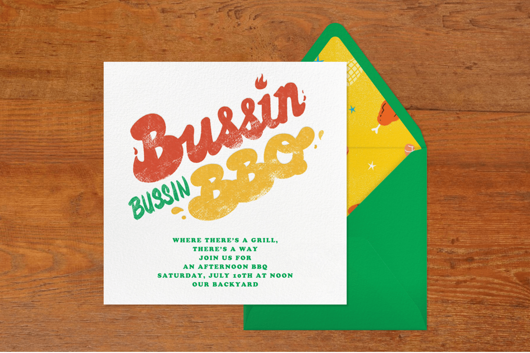 A BBQ invitation that reads “Bussin bussin BBQ” in bubble letters.