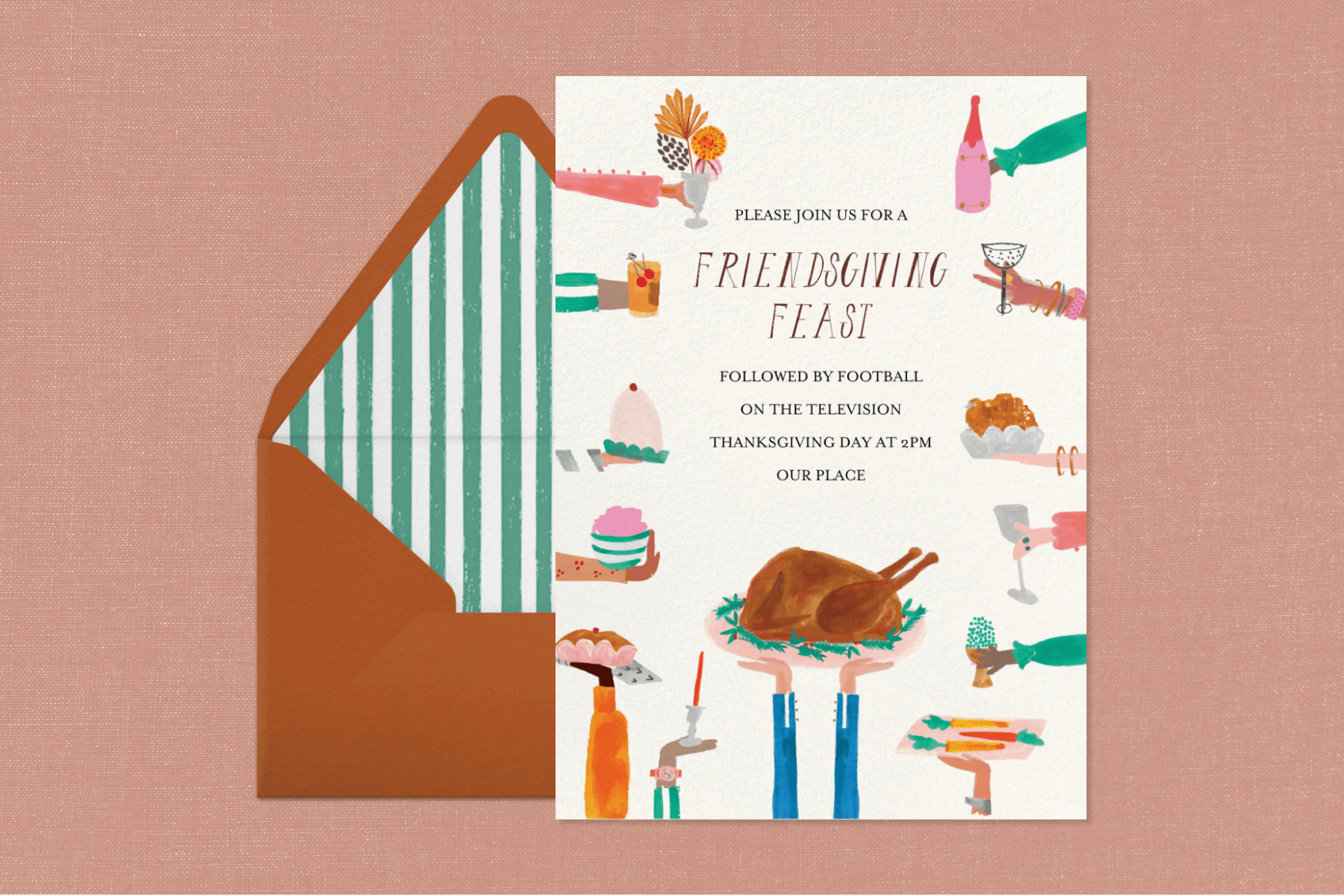 An invitation for a Friendsgiving feast with illustrations of hands holding food.