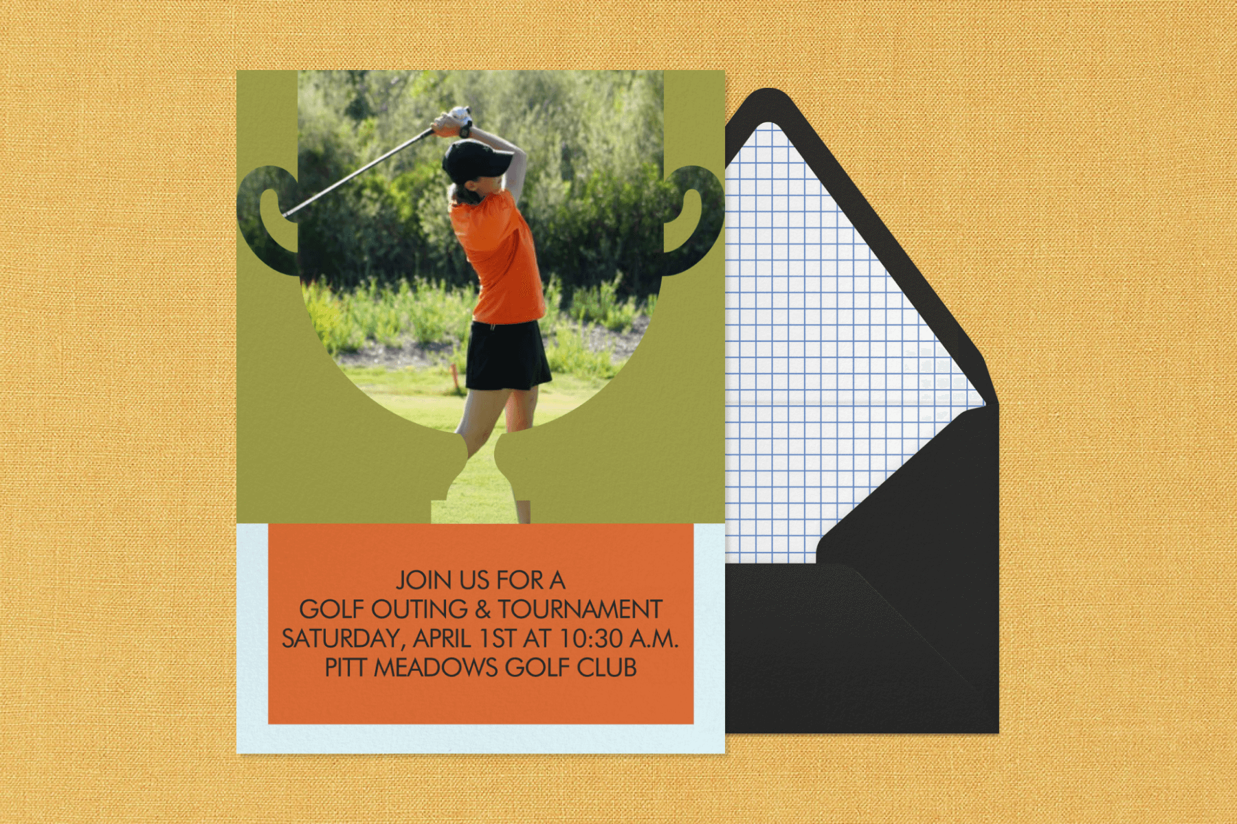 An invitation for a golf tournament with a person swinging a club in a green, trophy-shaped frame and an orange block of event details underneath beside a black envelope.