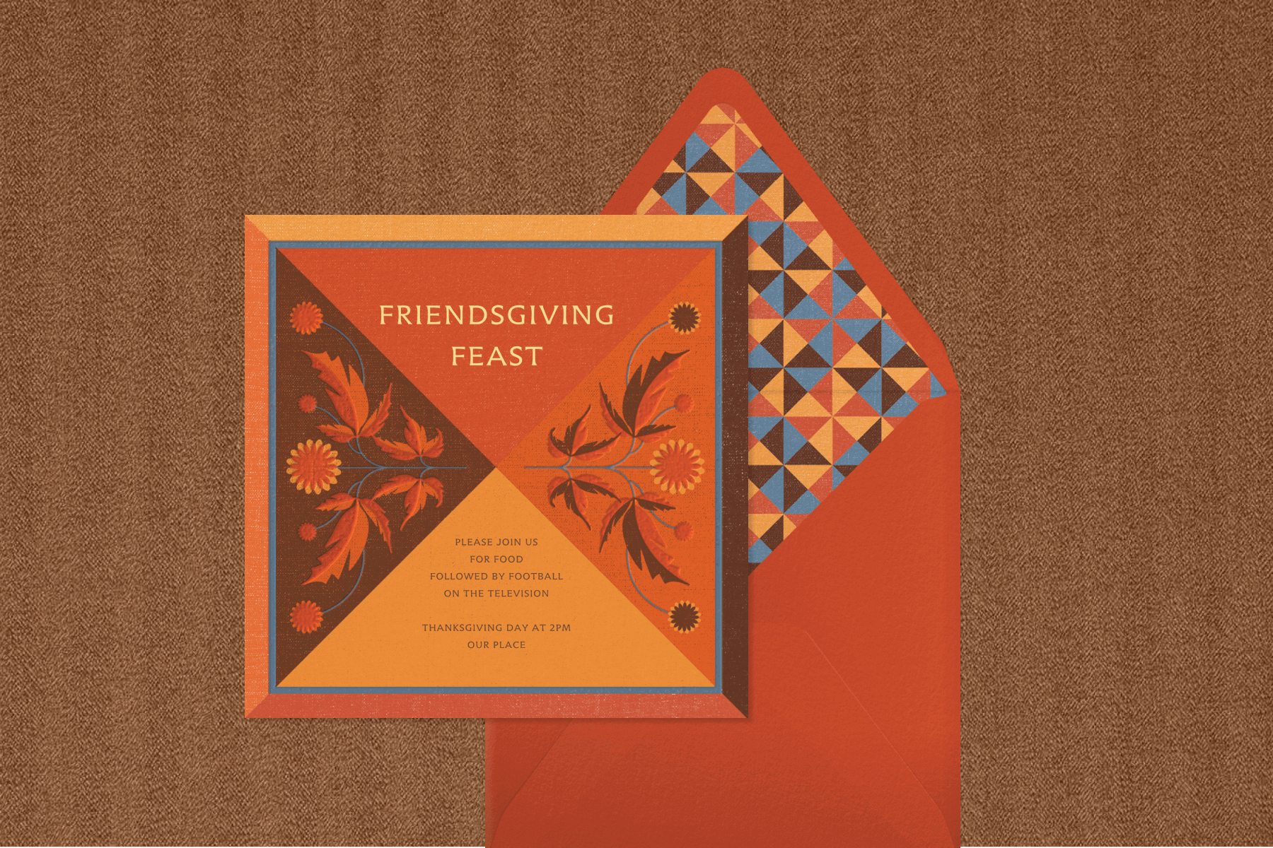 An orange and brown invitation for a Friendsgiving feast with a leaf and flower design.