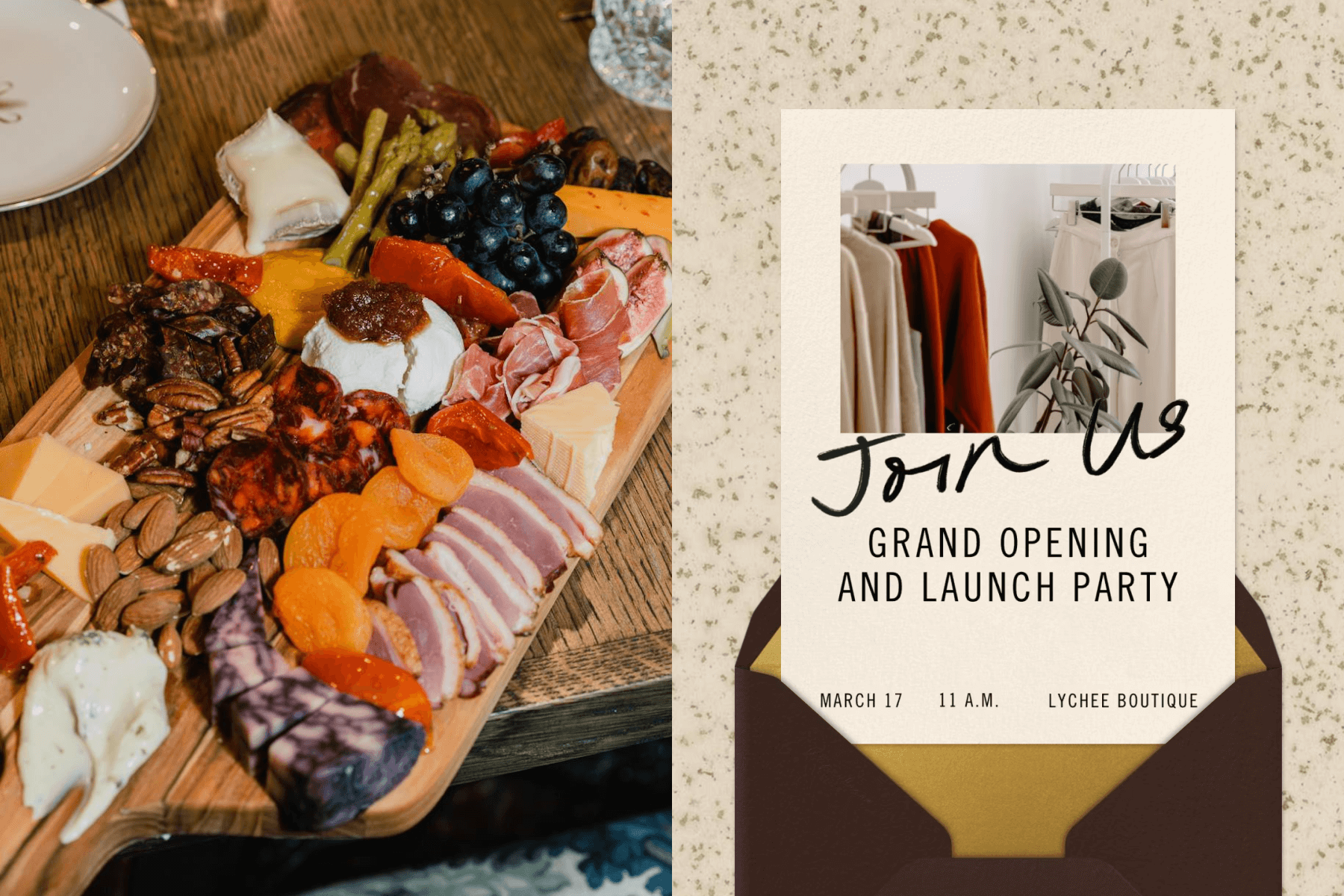 A wooden board topped with cheese, meat, grapes, and nuts; A grand opening invitation with a photo of clothing items hanging from a rack. 