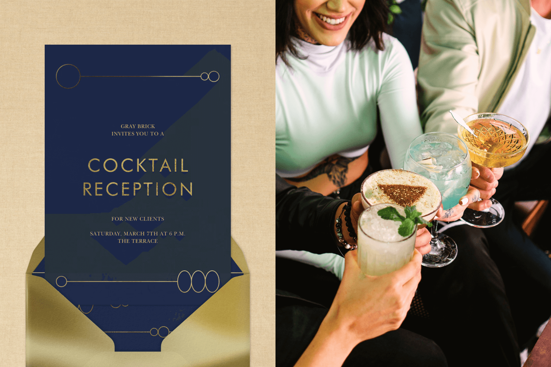 A dark blue cocktail reception invitation with gold text; A group of hands toasting four cocktails together. 