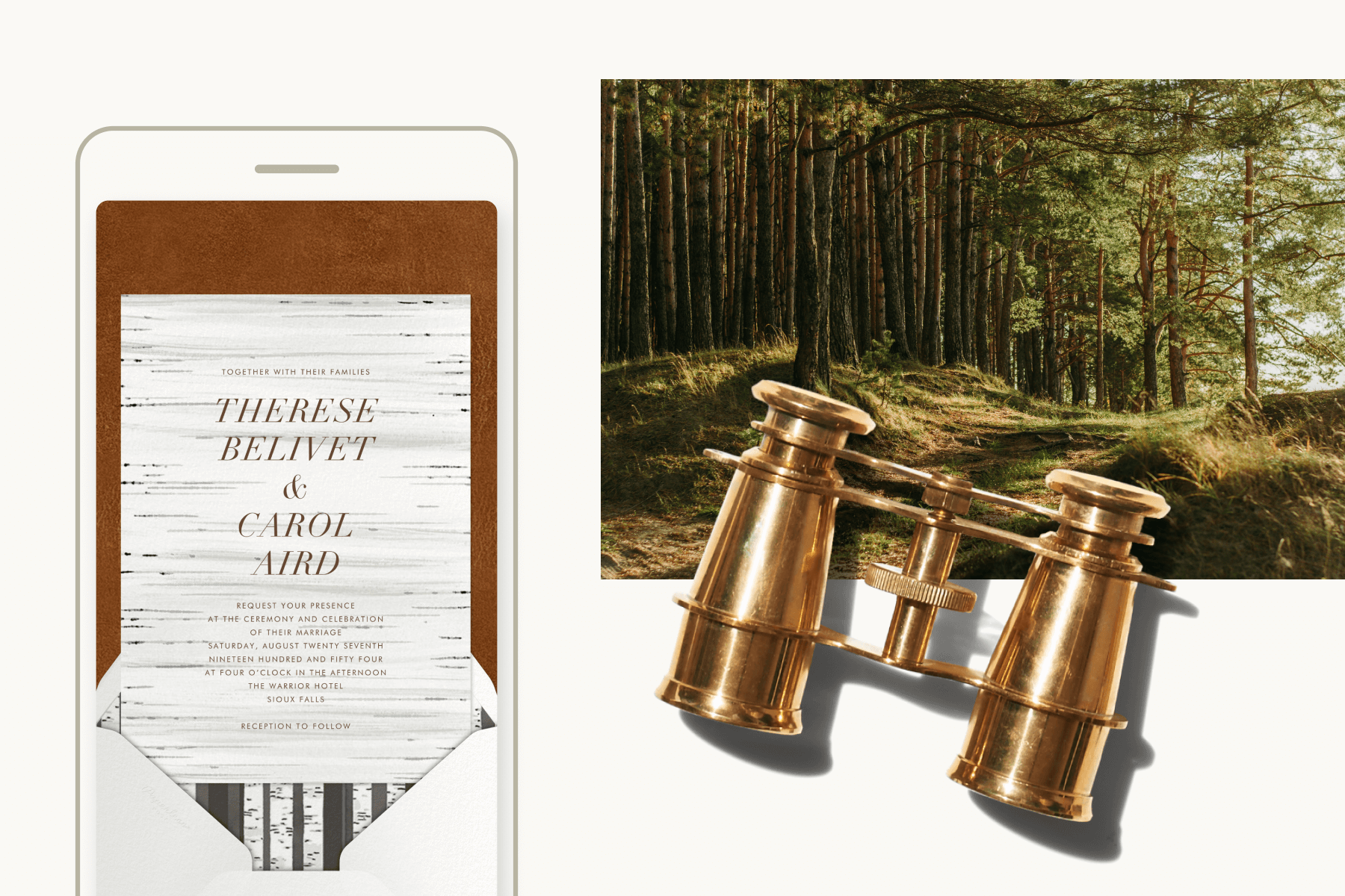 A wood-themed wedding invitation; A forest and a pair of golden binoculars. 