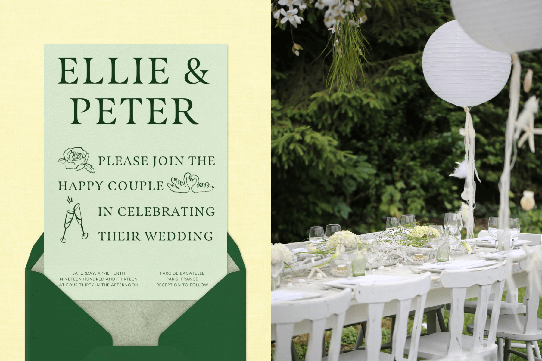 A light green wedding invitation with large text; An outdoor wedding reception table set with white florals and white paper lanterns. 