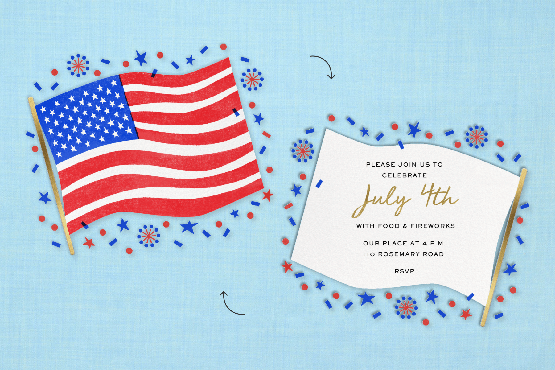 An invitation shaped like an American flag with confetti and fireworks around it, and the reverse with party details.