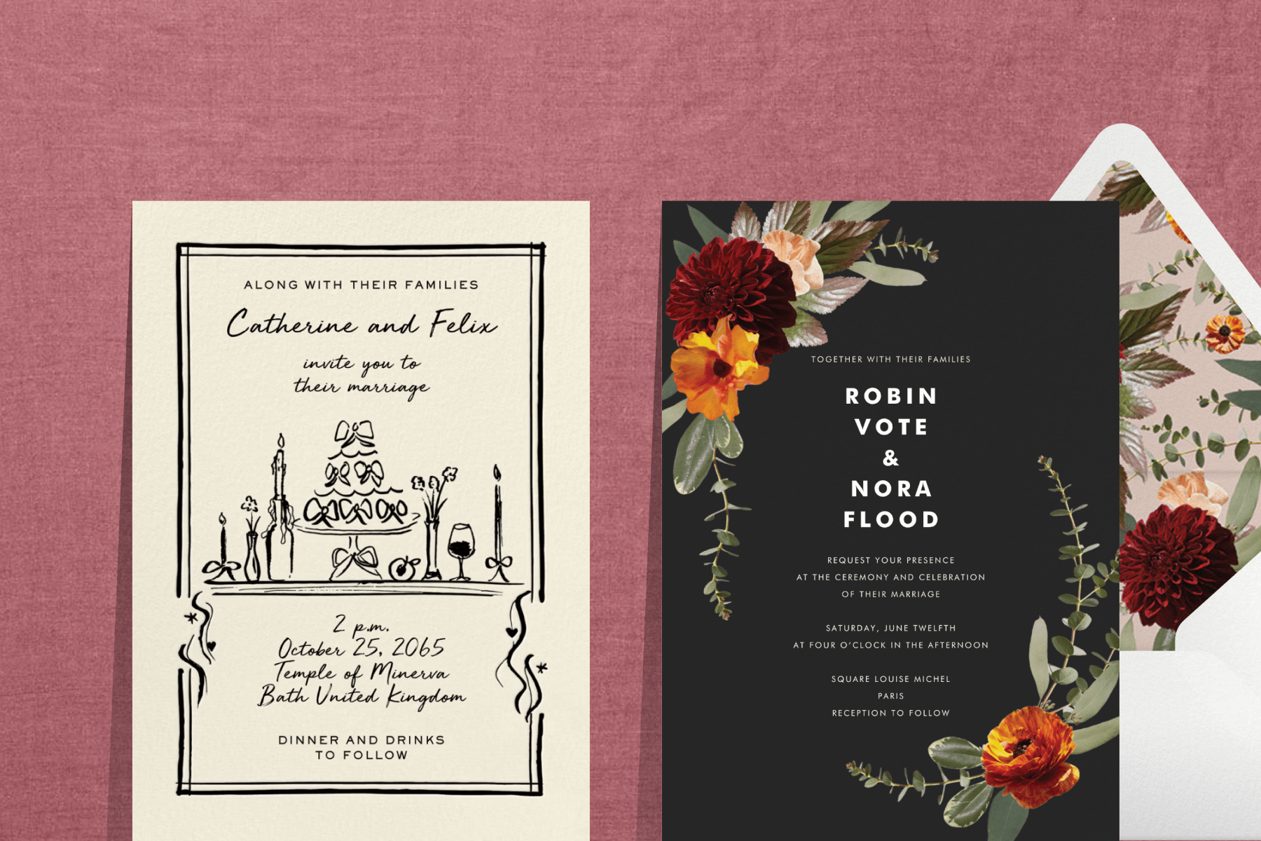 A wedding invitation with black cursive text and scribble-style line drawings of a wedding cake, candles, and wine; A wedding invitation with white text on a black background and red and yellow flowers. 