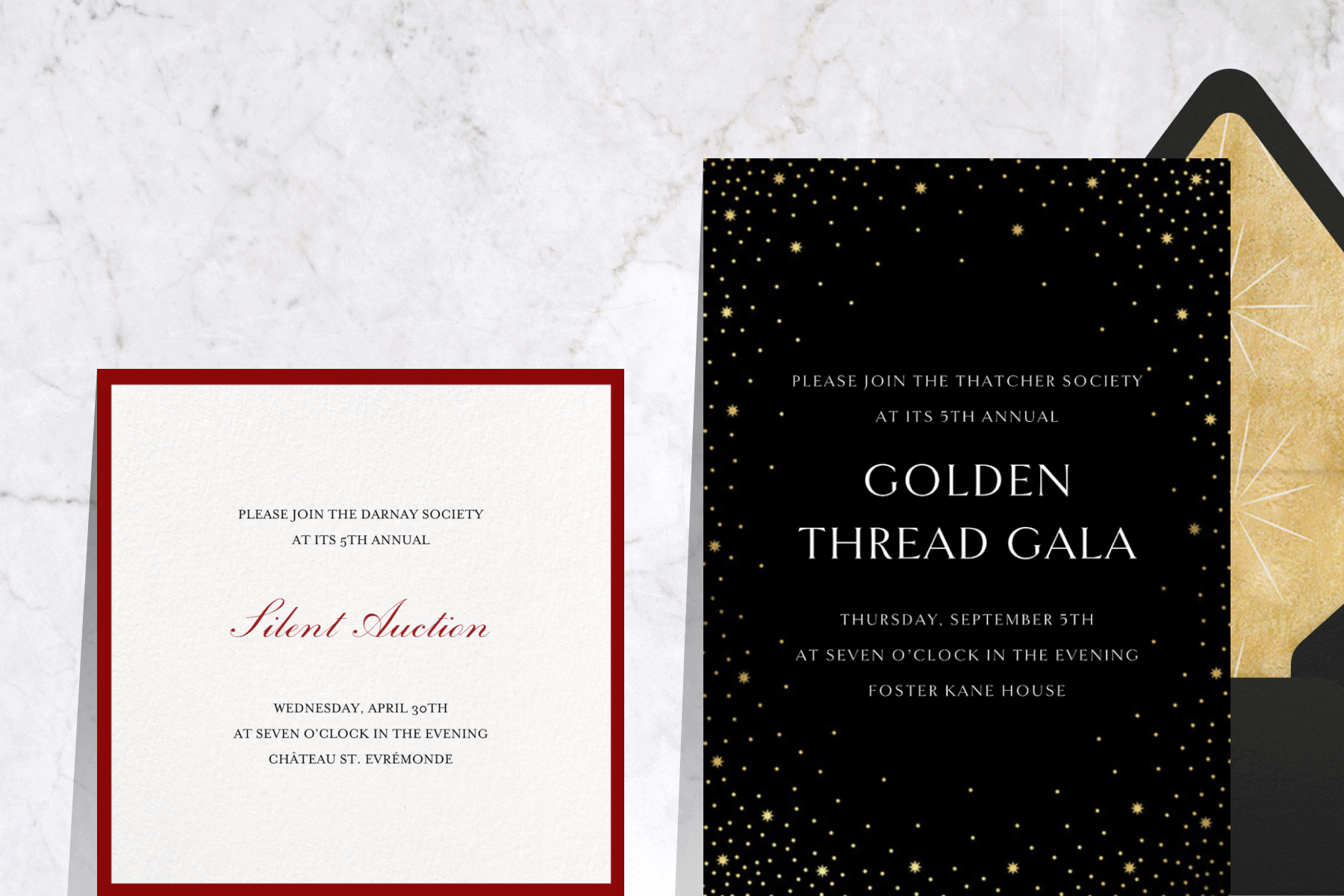 A silent auction invitation with dark red cursive lettering and a dark red border; A black invitation with gold stars and text reading ‘GOLDEN THREAD GALA’. 