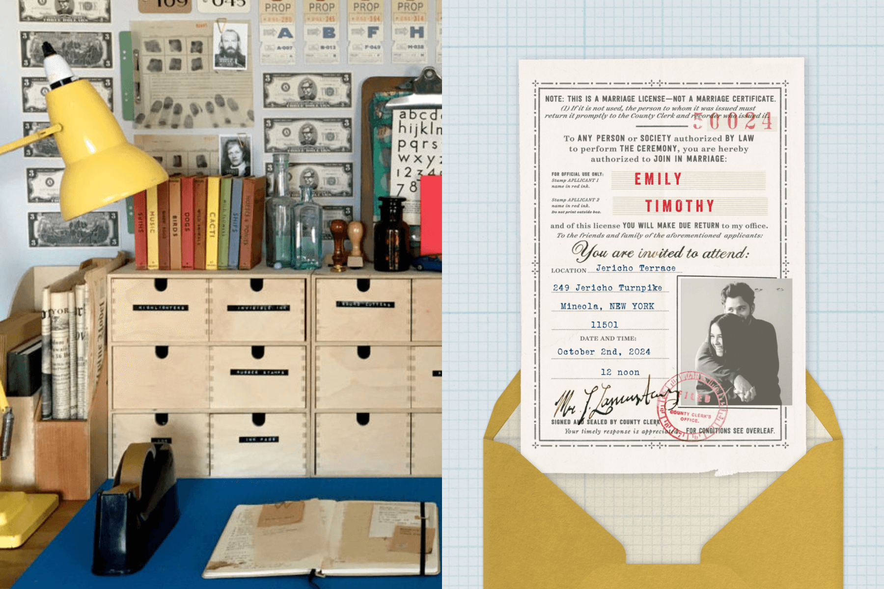 Left; a picture of Annie’s workroom with various props on the wall (money, finger print sheets, tags) and on top of the cabinets (books, glass bottles, stamps) in organized clutter. Right; A wedding invitation in the style of a vintage official document in front of a muted yellow envelope and a light blue gridded background.