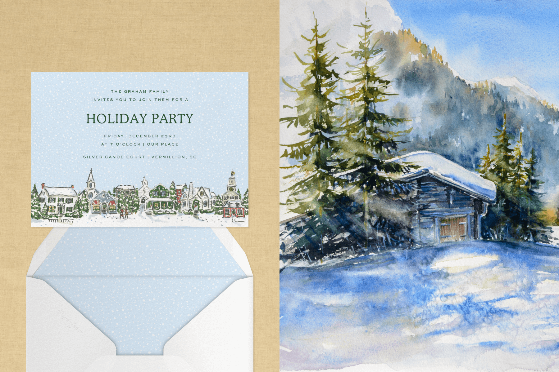 A holiday party invitation featuring a painted snowy scene of a row of houses; A painting of a snow-covered house in the mountains.