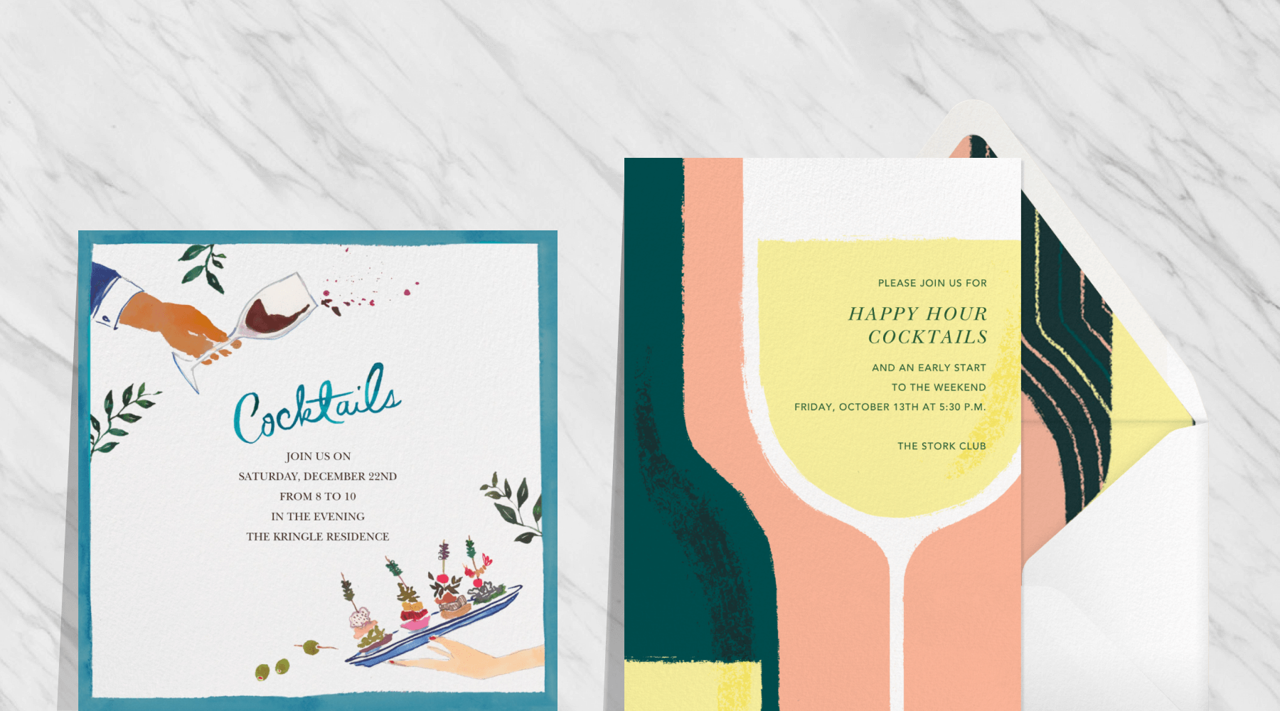 A square invitation with a watercolor illustration of a hand spilling wine from a glass and another hand balancing a tray of hors d'oeuvres; an invitation with an abstract depiction of a large wine glass and green bottle.