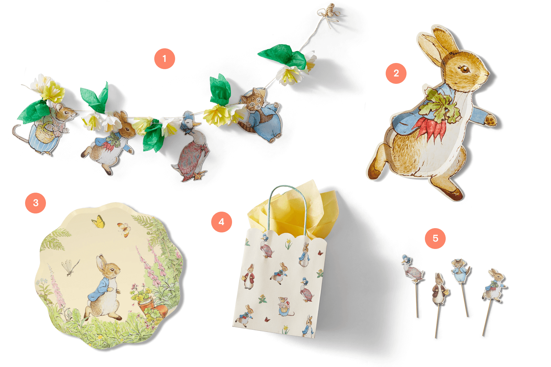 A Peter Rabbit themed garland, paper plates, gift bag, and cake toppers.