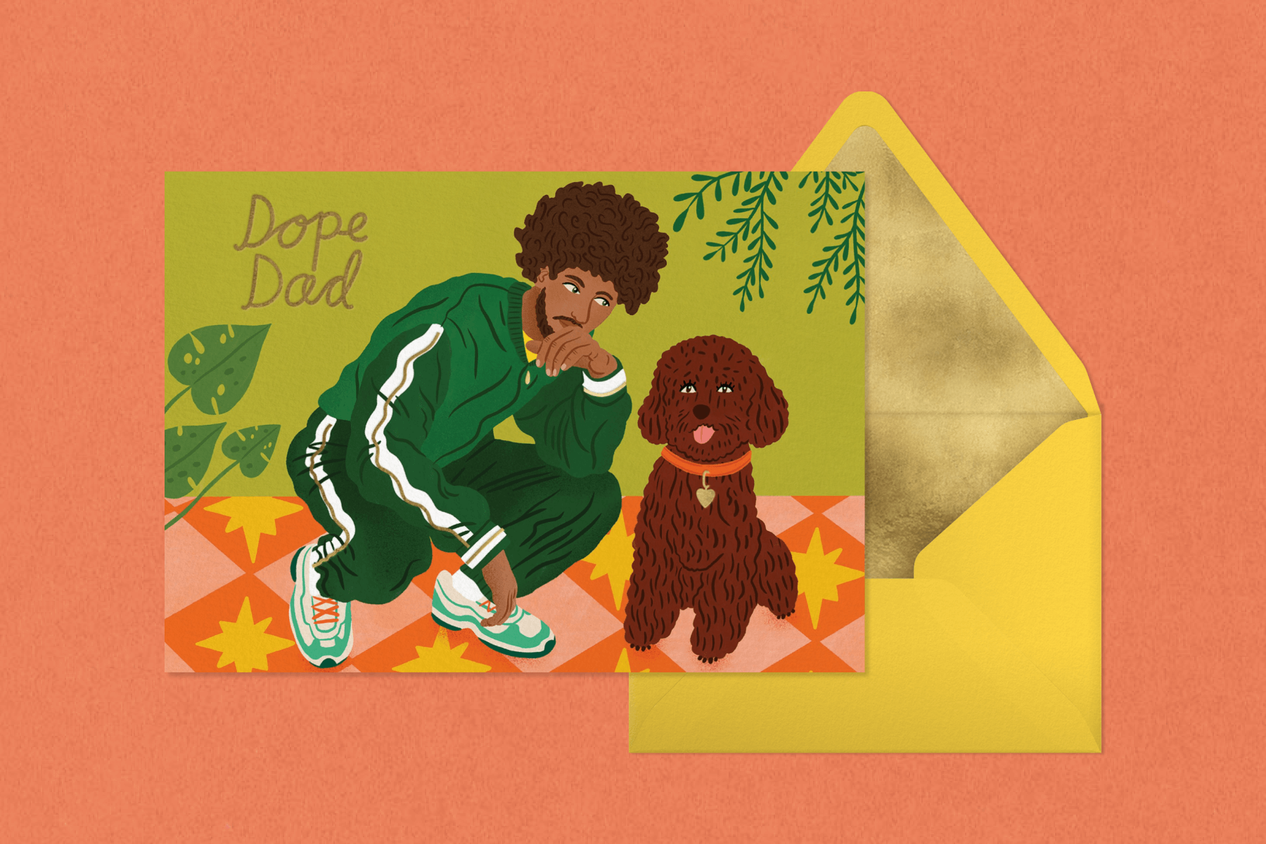 A card with a man in a green tracksuit leaning towards brown dog with the words DOPE DAD in script next to a yellow envelope.
