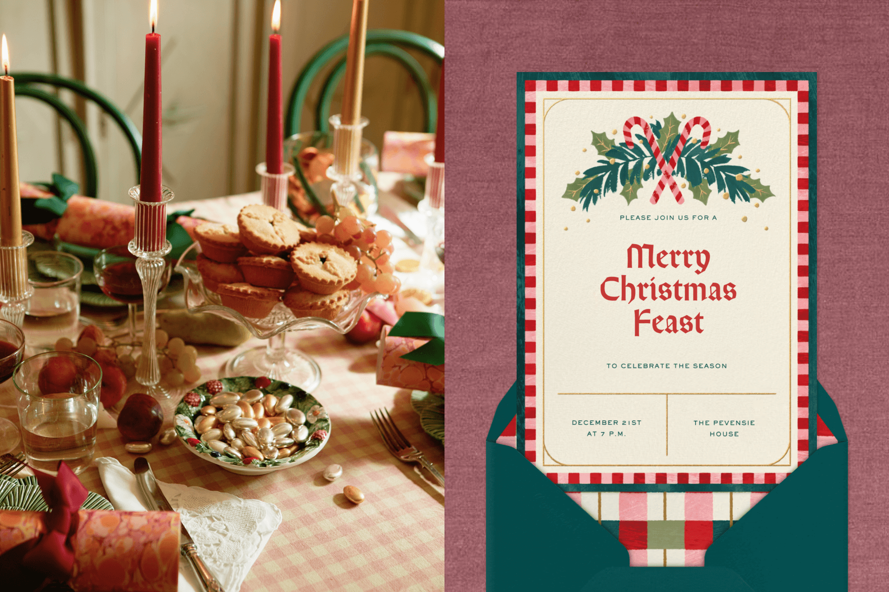 A table set with candles, small pies, crackers, fruit, and sugared almonds; A Christmas invitation with candy canes, greenery, and text reading ‘MERRY CHRISTMAS FEAST’.