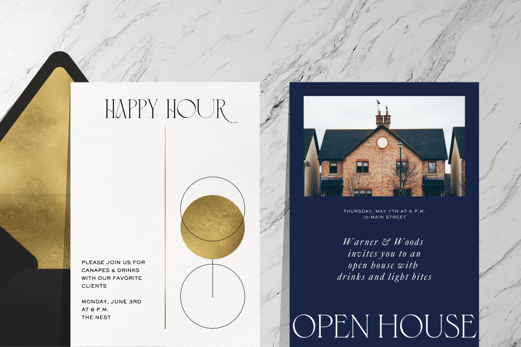 A happy hour invitation with a graphic of a gold glass of wine; A dark blue open house invitation with a photo of the house and white text. 