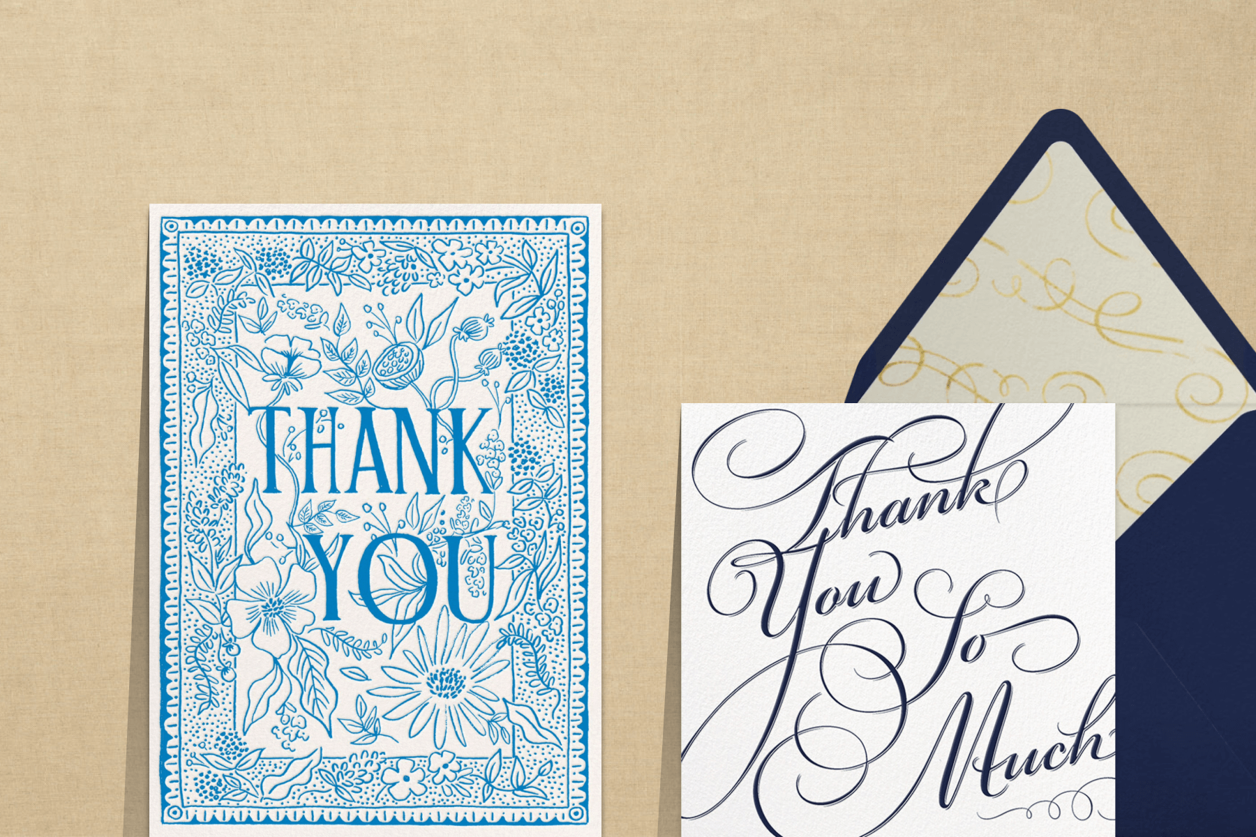 A blue and white thank you card with floral line drawings; A black and white thank you card with large cursive script. 