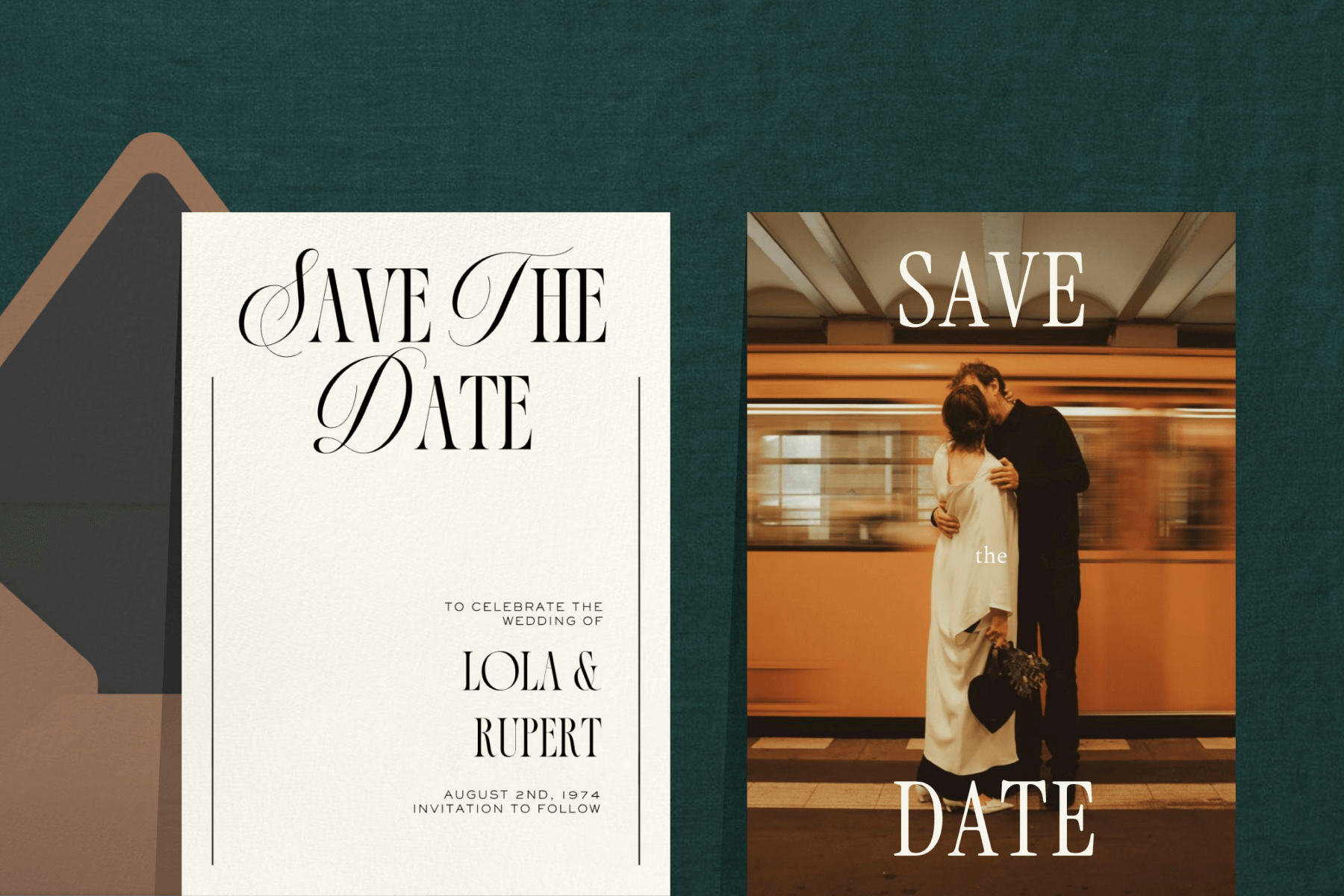 A black and white save the date card with cursive text; A save the date card featuring a photo of the couple kissing in front of a moving train. 