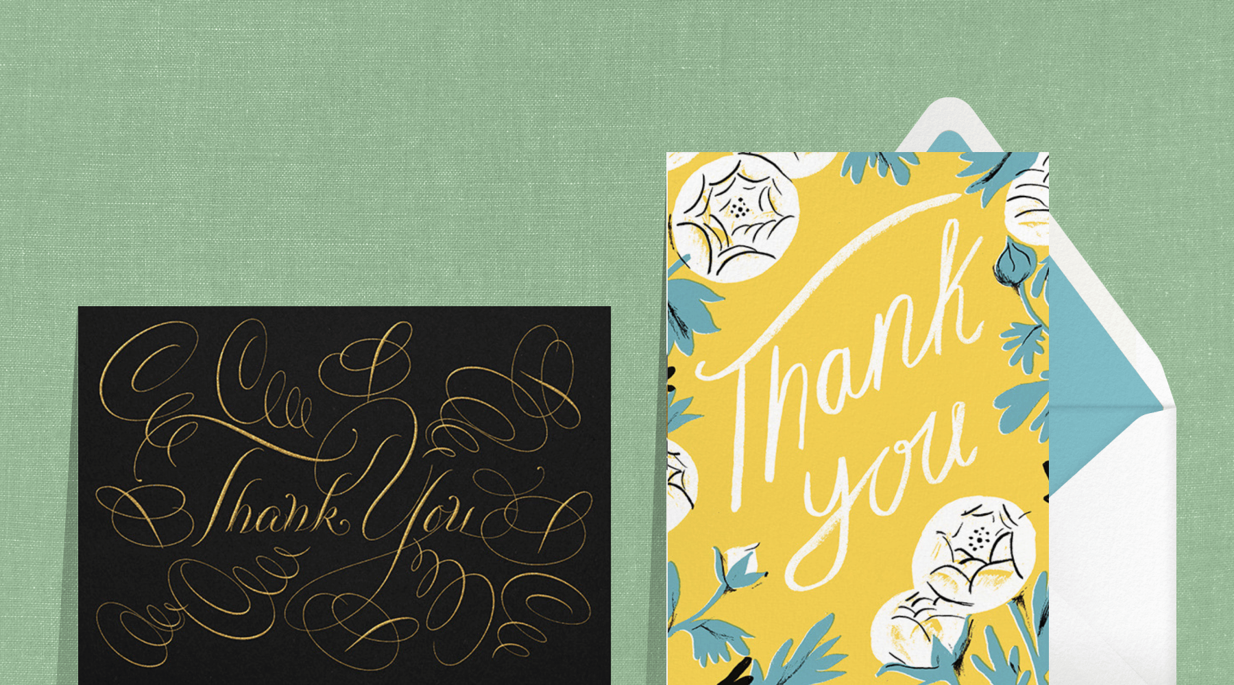 Two thank you cards over a green background.